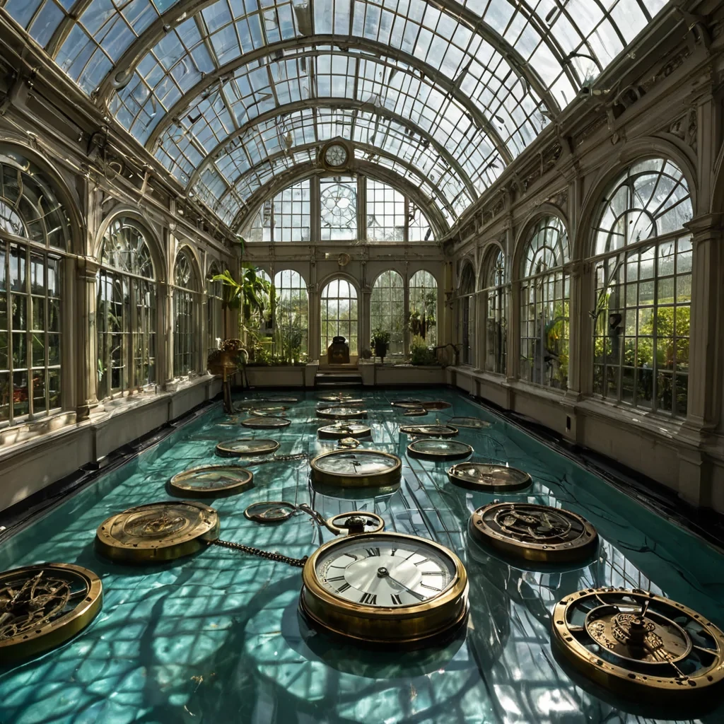 A highangle, medium shot of a serene, sundrenched atrium within a massive, repurposed Victorian greenhouse, where the traditional glass panes have been replaced by sheets of flexible, rippling water held in place by invisible tension fields. Beneath the undulating ceiling of liquid, a collection of antique brass orreries and astronomical clocks hang suspended in midair at varying heights, their intricate gears turning slowly in perfect synchrony. The light filtering through the water ceiling is refracted into soft, caustic patterns of turquoise and amber that dance across the polished, dark hardwood floor and the dusty, leatherbound tomes scattered below. In the center, a single, oversized, vintage pocket watch with a cracked face floats horizontally, its