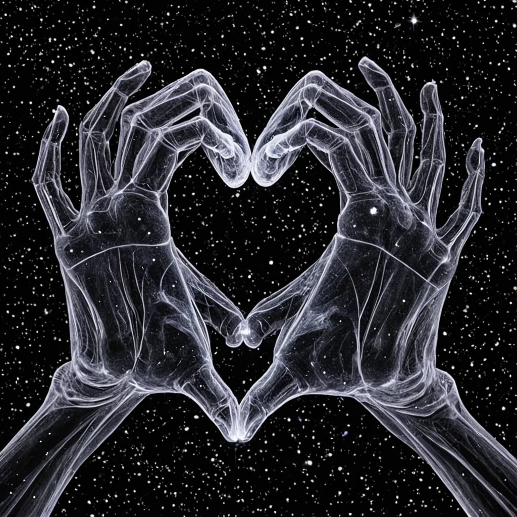 A single, selfreflecting filament of crystallized empathy, shaped like a 19dimensional helix of reversed compassion and unformed connection, drifts through the center of a vast, inverted constellation of petrified gestures  each star forged from the fossilized motion of a civilization that measured love not by words, but by the duration of synchronized, breathless handholds held just before the first touch was ever permitted to linger in a world where intimacy was forbidden. The filament does not glow  it unfeels, each spiral shedding a layer of emotional resonance that never coalesced into a shared embrace, reforming into ephemeral, rosequartzthreaded afterimages shaped like the negative space between two palms that never met in