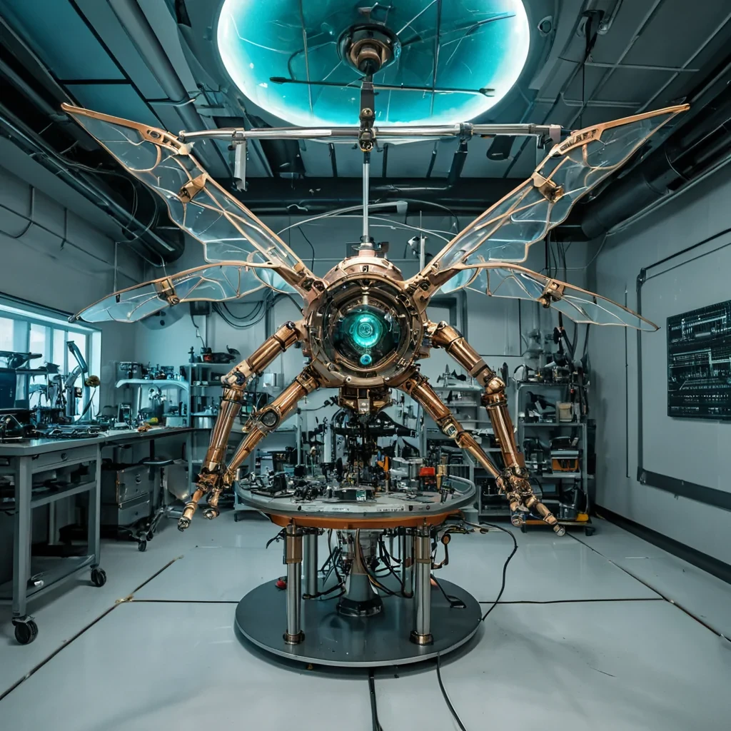 A horizontal, eyelevel medium shot of a hightech, zerogravity artisan workshop suspended within the pressurized, cloudfilled upper atmosphere of a gas giant. The workspace is enclosed in a sleek, transparent aluminum cylinder, with the floor composed of a grid of magnetic levitation plates that hold various floating tools and materials. In the center, a craftsman wearing a modular, exoskeletal suit with articulated brass joints and a clear visor is meticulously assembling a complex, clockworkinspired drone from polished copper gears and iridescent moth wings. The lighting is a mix of cool, diffused ambient light from the swirling cyan and teal clouds outside and warm, focused work lamps mounted on the ceiling, creating sharp highlights on the metallic surfaces. The