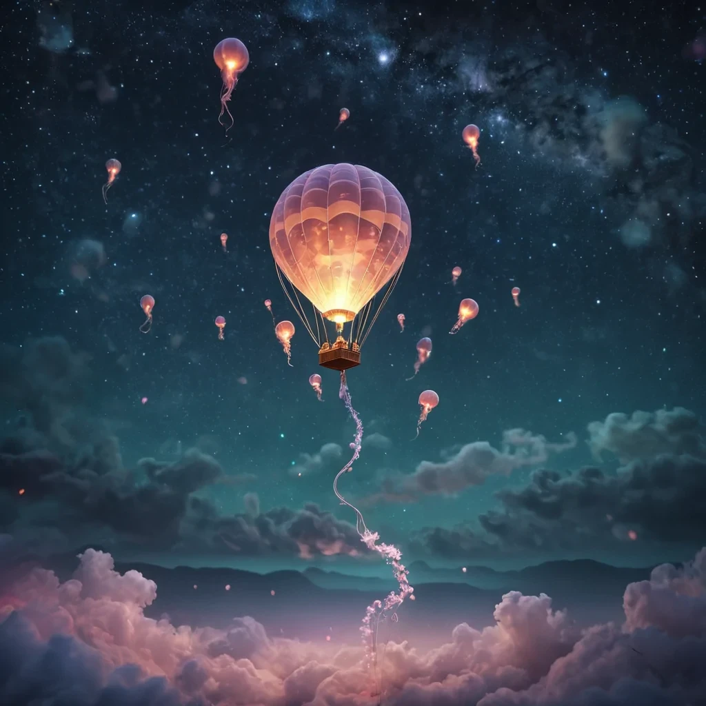 A sentient, levitating hot air balloon drifting through a starry night sky filled with floating, bioluminescent jellyfish, hyperrealistic, Ultra HD, cinematic lighting, volumetric lighting, atmospheric effects, bokeh effect, soft focus, pastel tones, detailed textures.