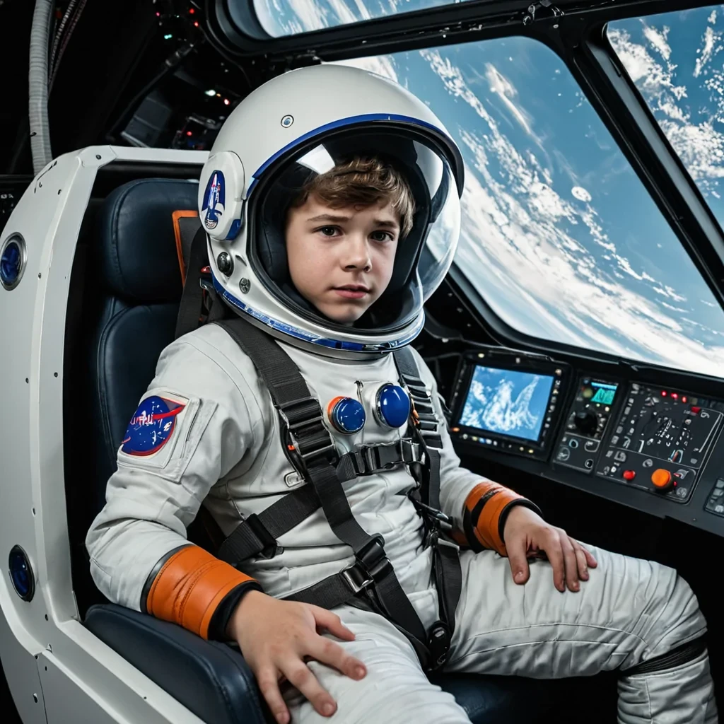 teenage boy wearing a space suit and helmet with protective straps holding him in his seat inside his spaceship while he experiences abrubt turbulence.
