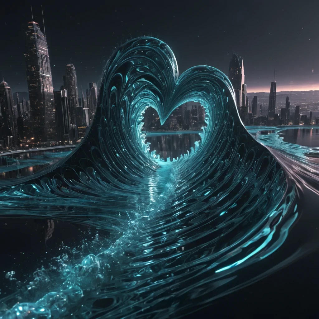 Photorealistic, monolithic, undulating, obsidian, wave metropolis, its hyperrealistic, 4K, fractal, waterkissed structures unfurling ultra HD, zerogravity, hydrodynamic ecosystems. Volumetric lighting from unseen, pulsating, bioluminescent hearts etches the citys ethereal, geometric architecture, casting intricate, dynamic, neon shadows on the inverted, reflective void. Cinematic lighting bathes the scene in vibrant, aquatic hues, with lens flare emphasizing the citys central, radiant, throbbing, crystalline heart, pulsating with captive, alien, hydrothermal energy.