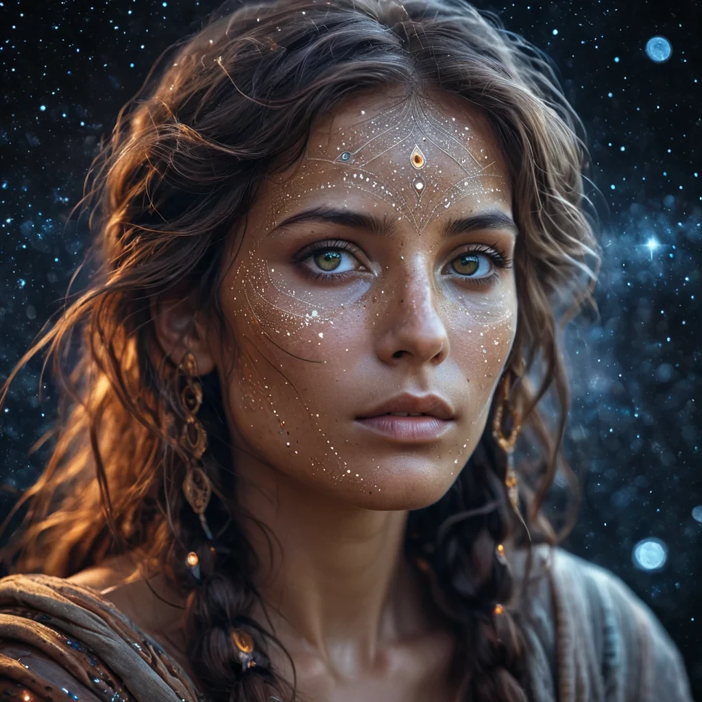 A hyperrealistic, 4K, ultra HD portrait of a timetraveling nomad, their skin etched with the intricate patterns of ancient constellations. Their eyes, a deep, shimmering topaz, hold the secrets of a thousand galaxies. The nomads hair, a cascade of shimmering stardust, gently pulses with an otherworldly glow. The background is a surreal, nebulalike landscape of swirling, ethereal hues, with distant galaxies and cosmic phenomena casting a soft, celestial glow. Cinematic lighting accentuates the nomads timeless features, while a subtle bokeh effect blurs the cosmic backdrop, creating an enchanting atmosphere.
