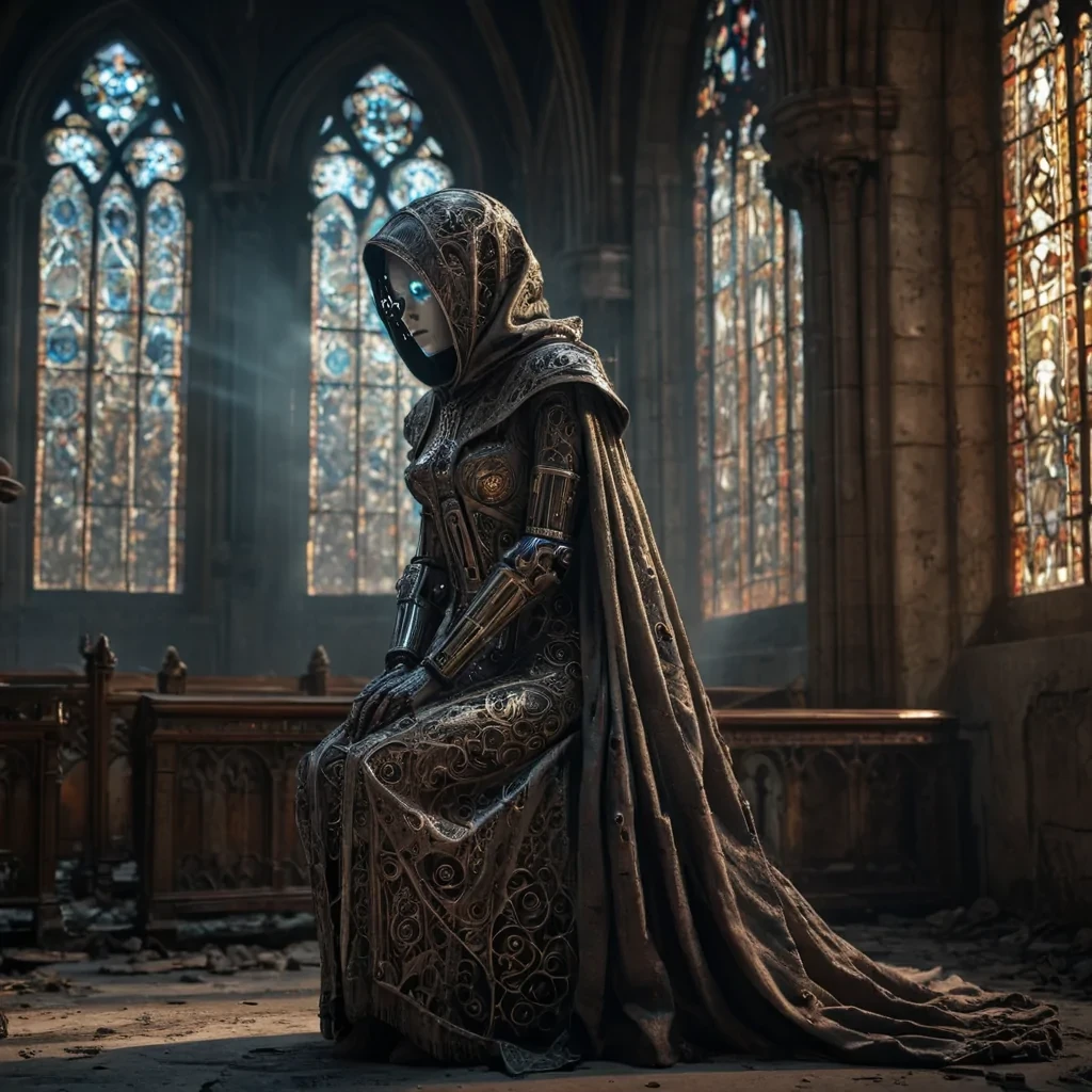 Photorealistic, Ultra HD portrait of a melancholic, sentient automaton, its metallic body adorned with intricate, tarnished filigree, sitting alone in a vast, abandoned cathedral, surrounded by towering, gothic arches and faded, stainedglass windows, with cinematic lighting casting dramatic shadows and emphasizing the intricate, steampunkinspired design, and a subtle, cool bokeh effect creating a sense of isolation and melancholy, as a lone, spectral comet streaks across the night sky, its glowing tail leaving a trail of stardust in its wake, while a spectral, ethereal figure, cloaked in a tattered, hooded robe, stands silently at the edge of
