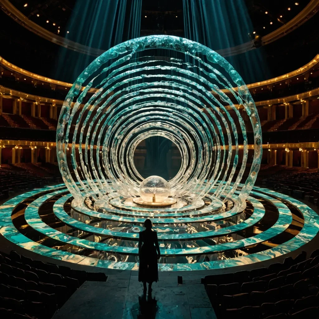 A vertical, highangle wide shot of a luminous, circular amphitheater constructed from interlocking rings of polished turquoise marble and brass inlays, floating within a dense, iridescent cloud of suspended soap bubbles. The amphitheaters seating tiers are carved with intricate, spiral grooves that channel streams of glowing, viscous liquid gold, creating concentric rivers of light that flow toward a central, empty stage. The stage floor is a perfect mirror of dark obsidian, reflecting the chaotic, rainbowhued refractivity of the surrounding bubble atmosphere. In the center of the stage, a solitary figure wearing a structured, avantgarde outfit made of stiff, pleated white silk stands perfectly still, holding a tall, slender staff topped with
