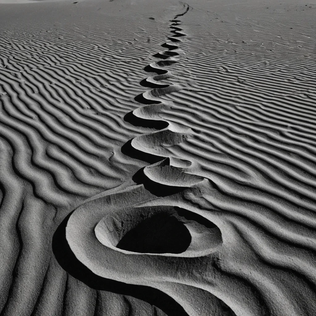A single, selfattenuating filament of solidified shadow, shaped like a fractalized, nonreflective helix of inverted gravity, pulses at the center of a vast, suspended desert where the sand is not mineral, but compressed, unspoken vows from a civilization that communicated through the duration of unbroken eye contact. The filament does not collapseit unswears, each twist dissolving a layer of commitment that never coalesced, reforming into ephemeral, monochromatic dunes shaped like the negative space between two pupils that never dilated in the same moment of mutual understanding. The desert is not aridit is a layered expanse of petrified intention, each ripple etched with the thermal residue of