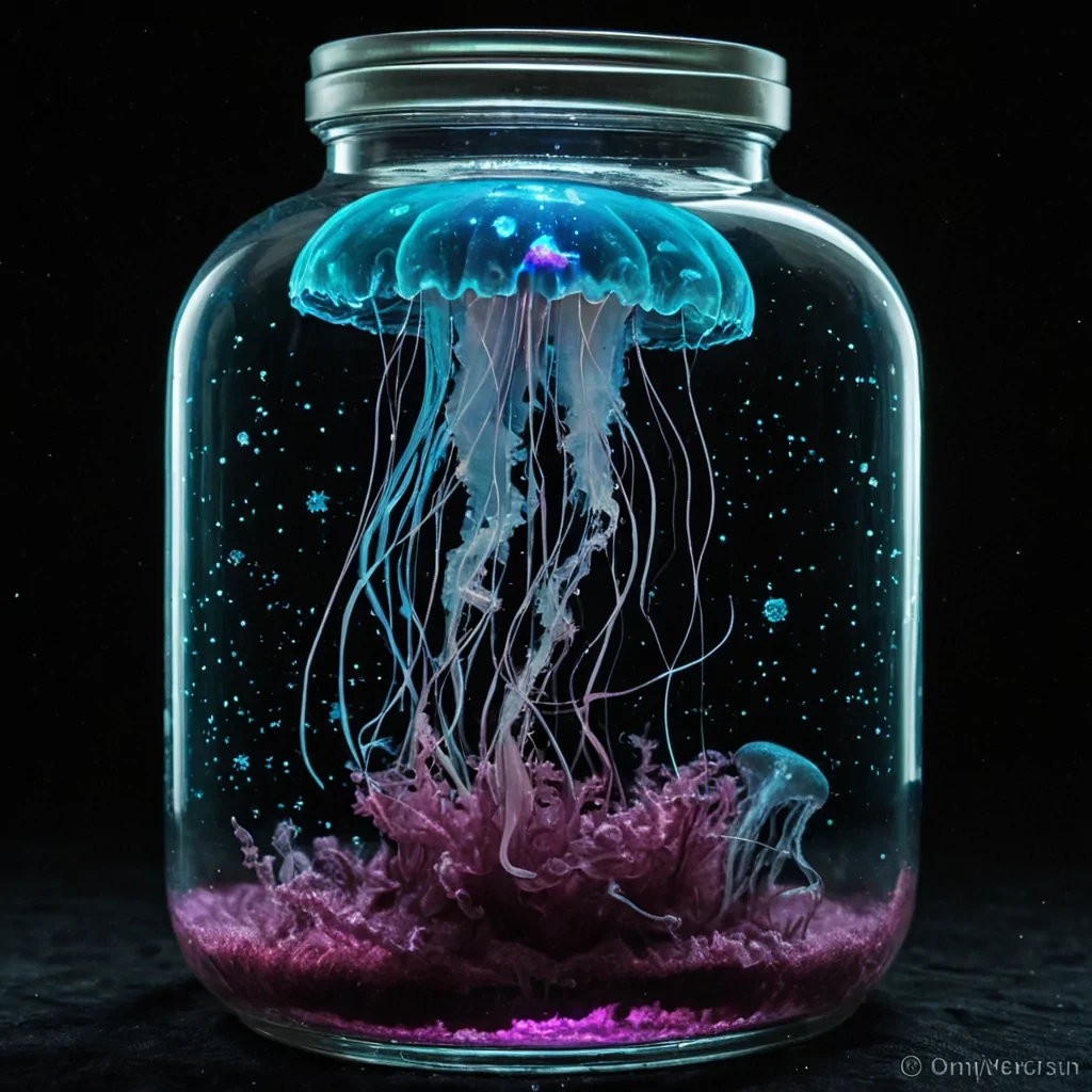 A macrolens closeup of a translucent, bioluminescent jellyfish floating inside a sealed glass jar that functions as a miniature ecosystem for a dying star. The jellyfishs tendrils are composed of swirling nebula dust and fragmented celestial cartography, glowing with soft hues of cyan and magenta against the dark void of the jars interior. Surrounding the creature are suspended, crystallized shards of frozen time, each reflecting a different stage of stellar evolution from protostar to black hole remnant. The glass surface is textured with fine condensation and microscopic etchings of ancient astronomical notation, blurring the line between biological life and cosmic architecture. Cinematic lighting highlights the intricate translucency of the jellyfishs bell, casting a