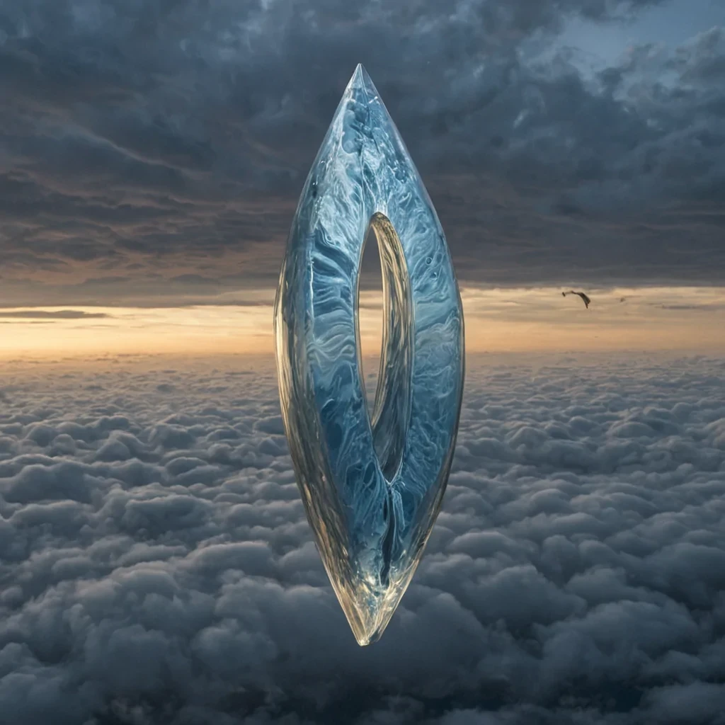 A single, selfreflecting shard of reversed gravity, shaped like a 741dimensional torus of unformed weight and inverted mass, floats at the center of a vast, inverted sky of solidified buoyancyeach cloud sculpted from the exact moment between a breath rising and its refusal to ascend, a leaf detaching and dissolving into nonfalling air, a bird taking flight and collapsing into motionless stillness. The shard does not pullit unpulls, each trembling filament shedding a layer of gravitational potential that never coalesced into a shared descent, reforming into ephemeral, moonstoneveined afterimages shaped like the negative space between two feet that never left the ground. The sky is not blue