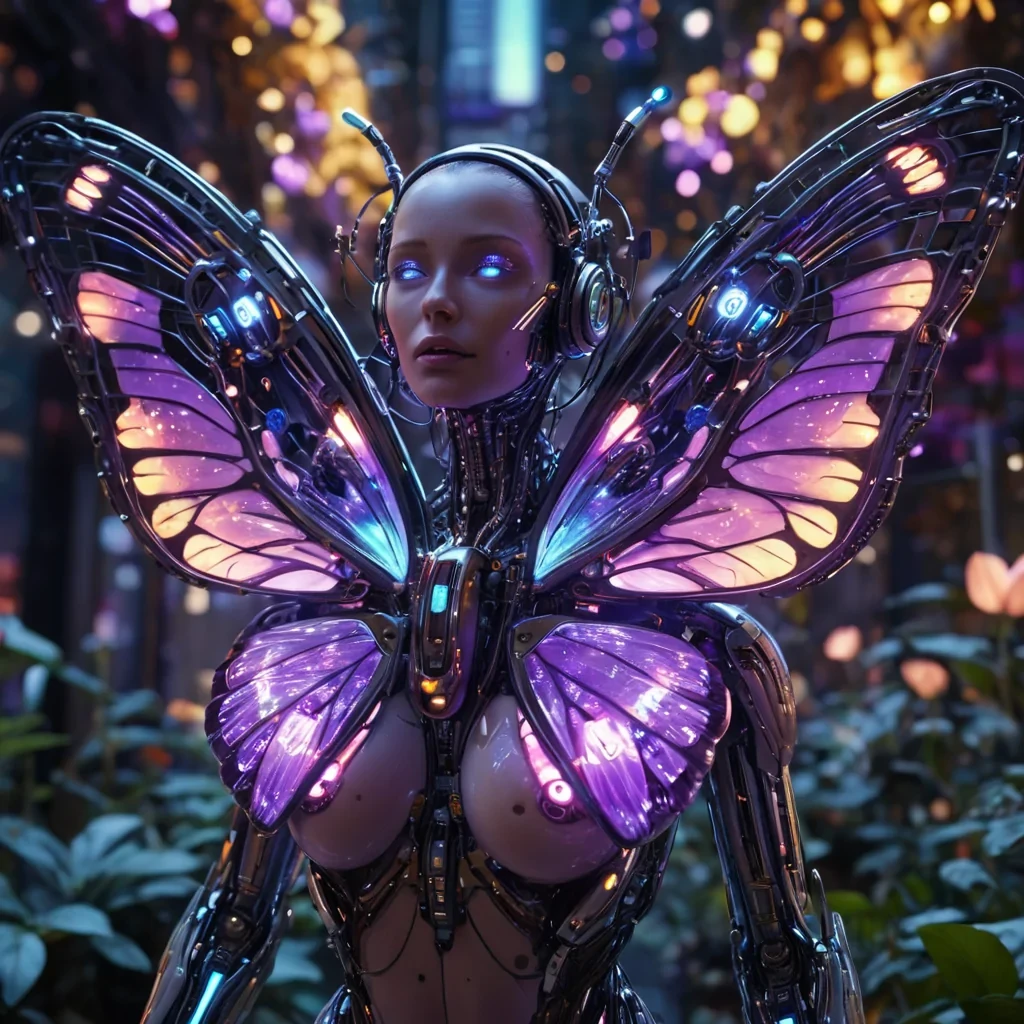 A hyperrealistic, 4K, ultra HD portrait of a cyborg butterfly, its iridescent wings shimmering with the colors of a neondrenched metropolis at night. The butterflys eyes, a deep, enigmatic amethyst, hold the secrets of a thousand mechanical transformations. Its body, a cascade of shimmering, holographic circuits, gently pulses with each beat of its cybernetic heart. The background is a surreal, hightech garden filled with floating robotic flowers and the soft glow of LED petals. Cinematic lighting accentuates the butterflys otherworldly beauty, while a subtle bokeh effect blurs the neonlit garden, creating an intimate, focused atmosphere.