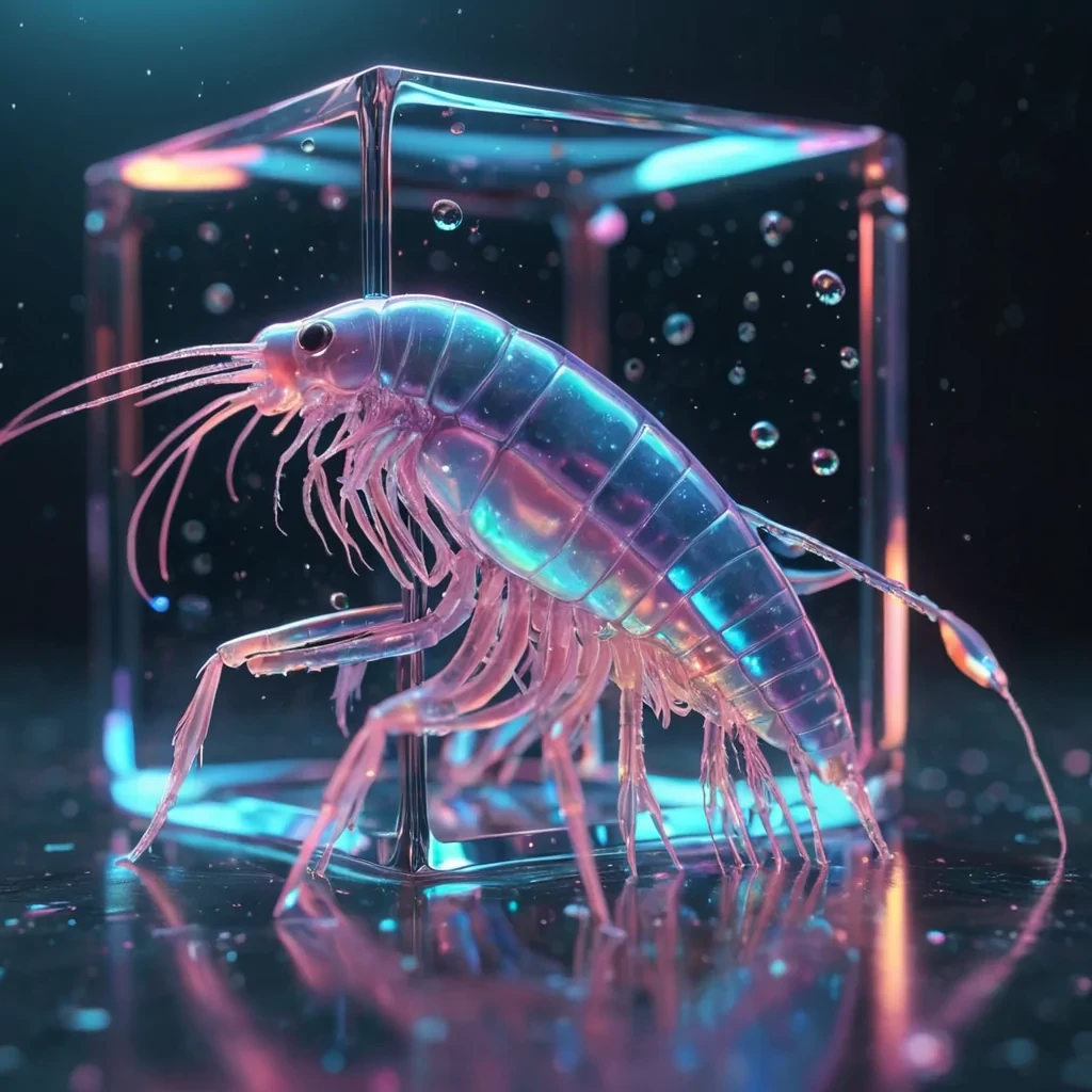 Hyperrealistic neon krill with reflective metallic exoskeletons gliding in a cubic topaz chamber filled with iridescent quantum droplets, holographic filaments weaving in volumetric lighting, soft focus, pastel tones, 4K