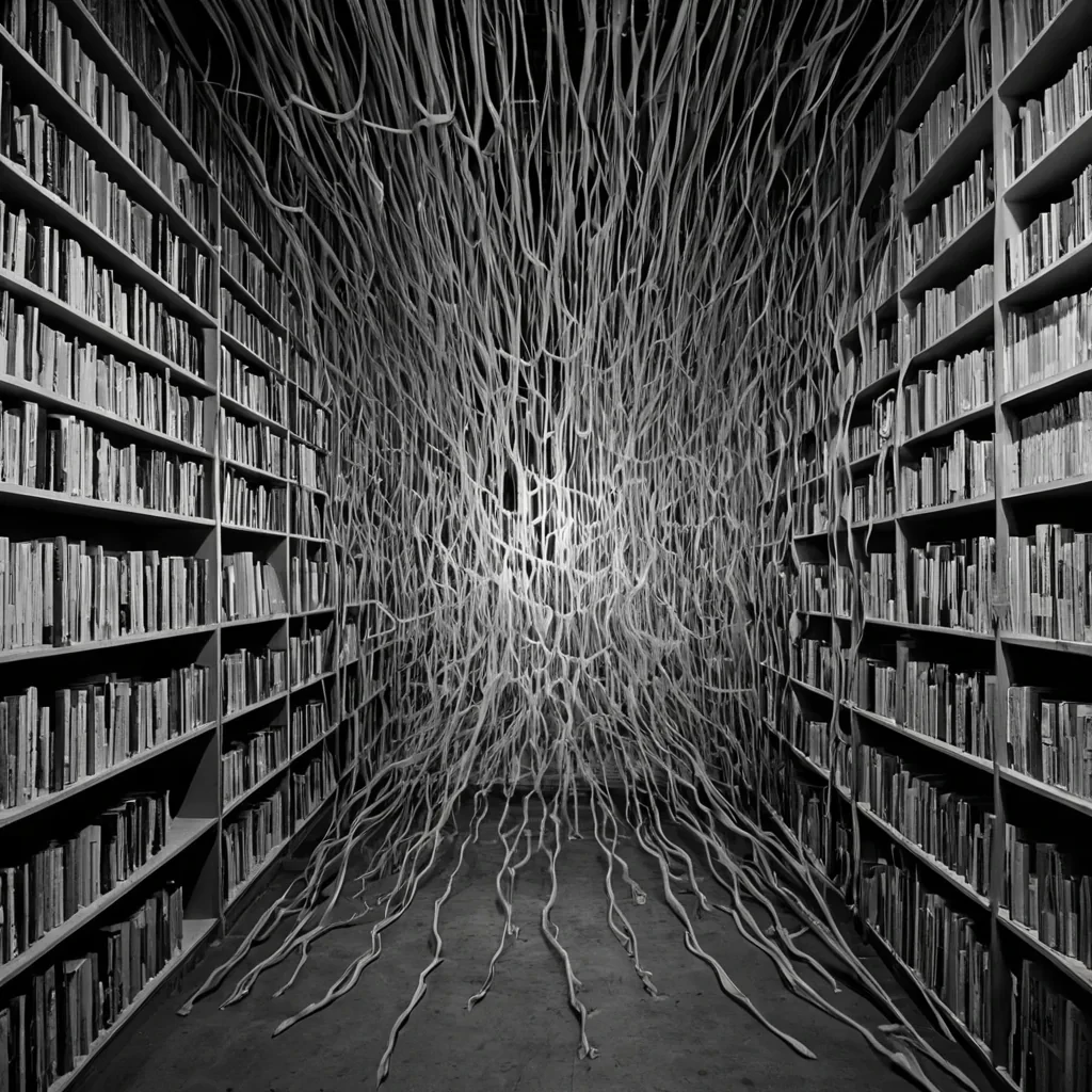 A single, selfsiphoning filament of crystallized moonlight weaves through the core of a vast, still archive composed entirely of inverted, nonreflective silence from a civilization that communicated through the texture of unblinking stillness. The filament does not flowit unreads, each pulse unraveling into a slow, backward cascade of refracted memory, reforming into ephemeral topologies shaped like the negative space between two breaths that never coexisted in the same atmosphere. The archive is not paperit is a layered expanse of petrified light from a million unobserved moments, each shelf etched with the emotional residue of a glance that was almost returned, its edges vibrating with the faint, phonetic afterimage