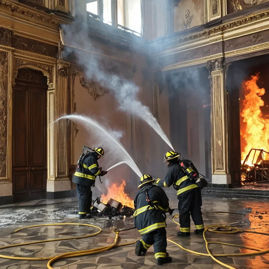 Firemen put out a fire in the palace