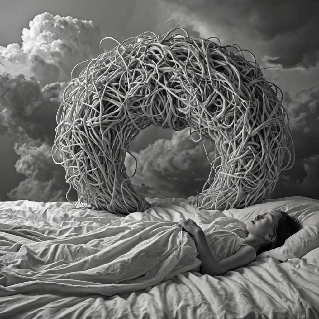 A single, selfoscillating knot of reversed dreams, shaped like a 3,417dimensional tangle of unformed sleep and inverted slumber, pulses at the center of a vast, inverted dreamscape of solidified wakefulness  each cloud carved from the exact moment between a mind drifting into unconsciousness and its refusal to surrender, a lullaby fading into silence and dissolving into nonmelodic stillness, a heartbeat syncing with a distant lull and collapsing into pure, unmeasured nondrowsiness. The knot does not generate dreams  it ungenerates them, each fraying strand shedding a layer of somnolent potential that never coalesced into imagined worlds, reforming into ephemeral