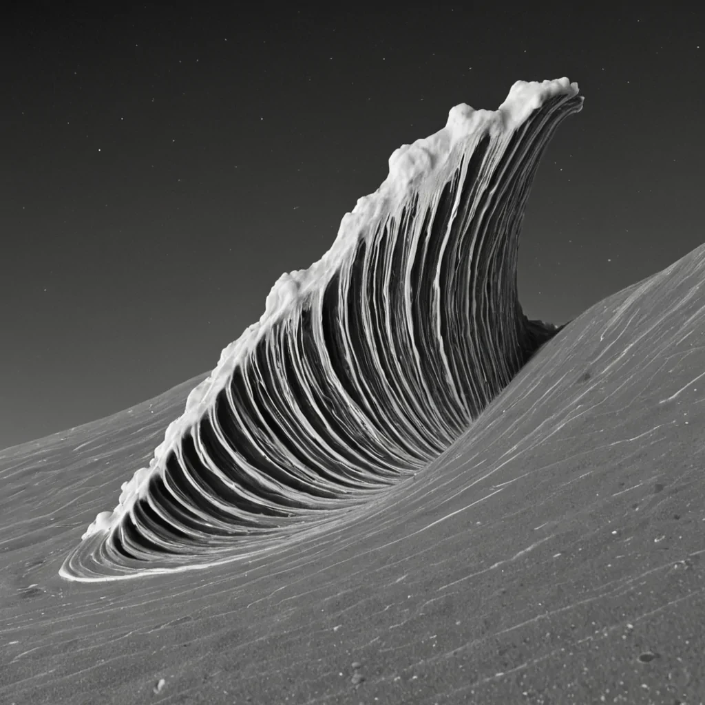 A single, selffragmenting wave of reversed gravity, shaped like a 17,003dimensional ripple of unformed weight and inverted pull, fractures across the surface of a vast, inverted ocean of solidified zeroG. Each crest is sculpted from the exact moment between a stone falling toward earth and its refusal to descend, a leaf drifting upward and dissolving into nonmomentum, a hand reaching down and collapsing into pure, unmeasured nonattraction. The wave does not displace fluidit undisplaces it, each breaking point shedding a layer of gravitational potential that never coalesced into mass, pressure, or planetary alignment, reforming into ephemeral, iridescent foam that floats upward, defying