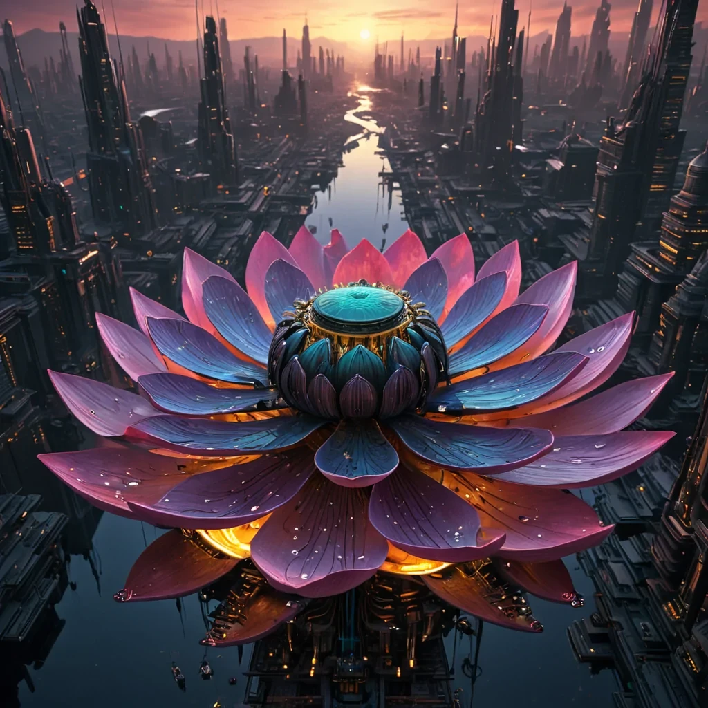 A colossal, ancient, mechanical lotus, its metallic petals unfurling to reveal a labyrinthine, neonlit city within, blooms from the heart of a vast, undulating, obsidian plain. Suspended within the lotus stamen, a holographic, sentient, mechanical swarm of dragonflies dances, casting ephemeral shadows on the citys inhabitants sentient, robotic, reptilian creatures. Rendered in ultra HD, with volumetric lighting, atmospheric effects, and vibrant colors, evoking a sense of surreal, otherworldly wonder.