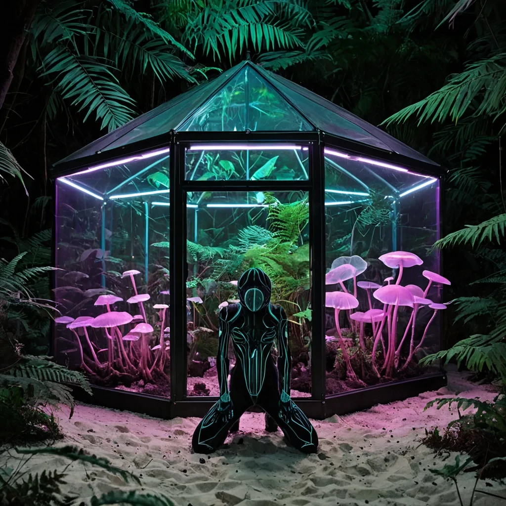 A horizontal, eyelevel medium shot of a suspended, hexagonal greenhouse constructed from transparent, flexible silicone panels and framed by slender, matteblack carbon fiber struts, floating amidst a dense canopy of giant, bioluminescent ferns with fronds of electric teal and magenta. The interior is bathed in a soft, diffused glow from embedded fiberoptic roots that run along the floor, illuminating a soil composed of fine, glowing white sand. In the center, a mycologist with smooth, olivetoned skin and wearing a protective, fullbody suit made of woven, translucent nylon mesh and reinforced with ambercolored resin patches kneels beside a cluster of rapidly growing, trumpetshaped fungi. The fungi caps are translucent, revealing