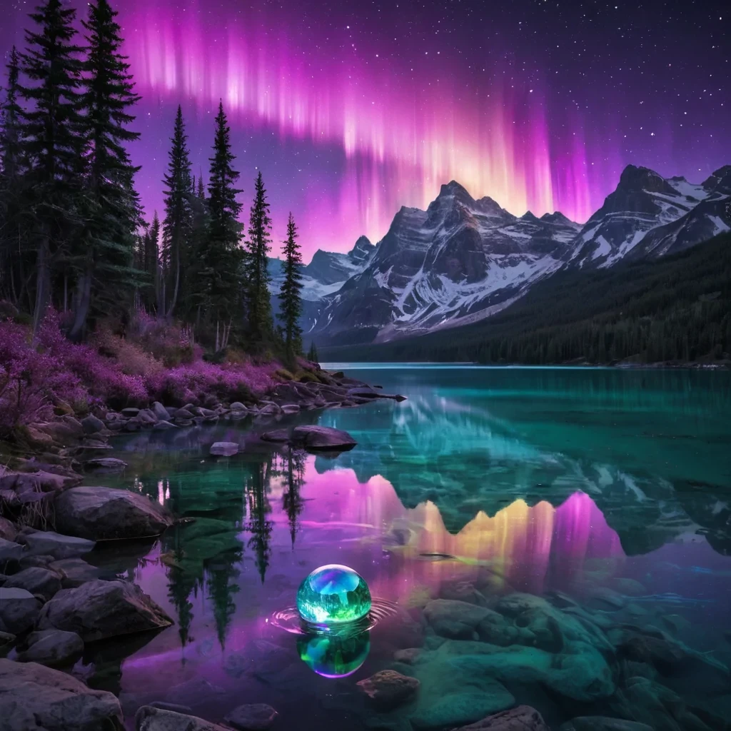 An enchanting, otherworldly landscape illuminated by a glowing aurora in shades of violet, teal, and gold, cascading across a starstudded sky. In the foreground, a shimmering crystal lake reflects the vibrant colors, surrounded by ethereal trees with luminous leaves. A mystical energy radiates from a floating orb at the center, emanating soft golden light that intertwines with the aurora above. The scene is surreal, inviting viewers into a dreamlike realm of creativity and limitless possibilities