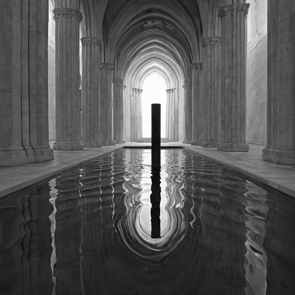 A single, selfreflecting pool of reversed silence, shaped like a 523dimensional mirror of unformed quiet and inverted stillness, floats at the center of a vast, inverted cathedral of solidified soundeach column carved from the exact moment between a whisper forming and its refusal to be heard, a chime ringing and dissolving into nonacoustic dust, a breath held and collapsing into pure, unmeasured absence. The pool does not contain silenceit uncontains it, each rippling surface shedding a layer of auditory potential that never coalesced into a shared resonance, reforming into ephemeral, silverthreaded afterimages shaped like the negative space between two ears that never leaned in to listen to the silence between words.