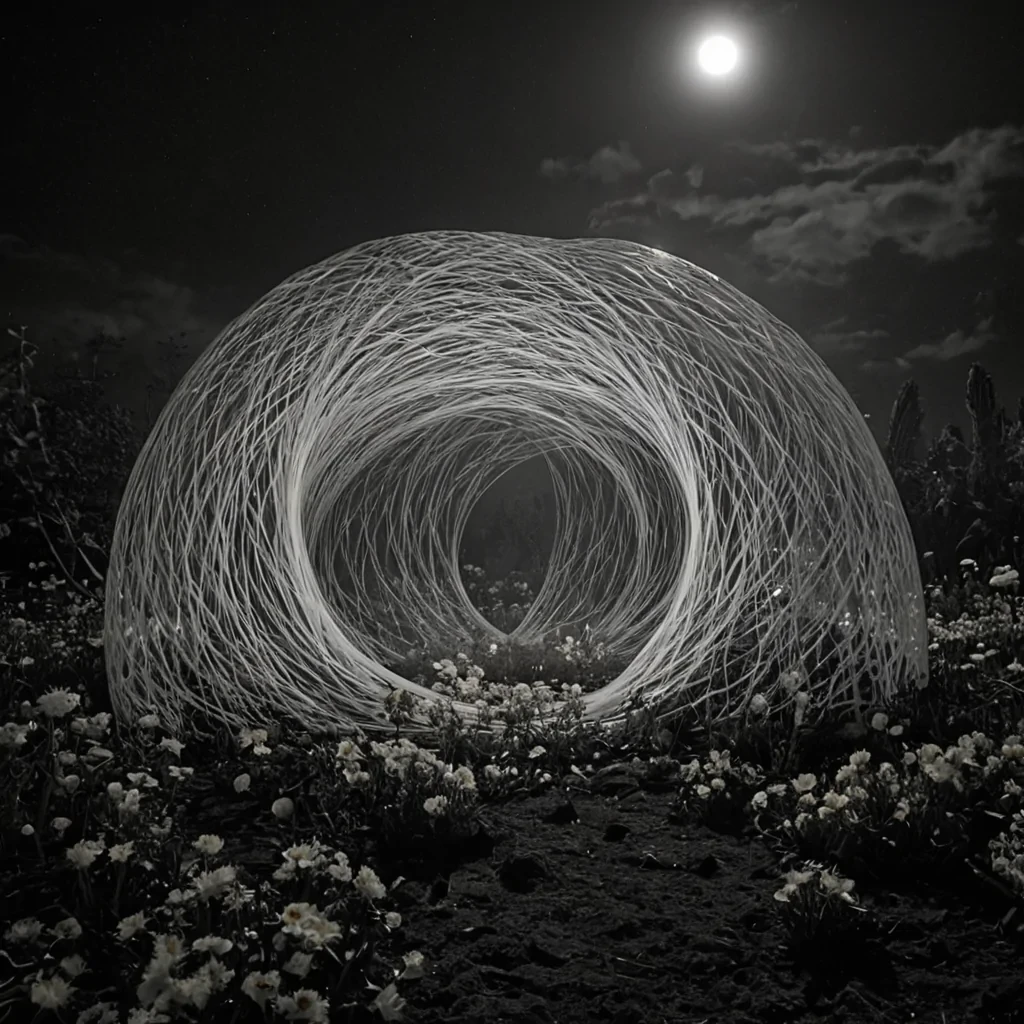 A single, selfrewriting filament of solidified moonlight weaves through the core of a floating, inverted garden of petrified silence, its structure not soil or root but forged from the thermal afterimage of a thousand unspoken lullabies that never drifted through the air of a world that never dreamed. The filament does not glowit unglows, each pulse dissolving a moment of luminescence into its original darkness, releasing a wave of zeroentropy stillness that fractures the fabric of night into a drifting mist of silver, geometric breaths, each one etched with the chromatic echo of a name that never whispered across the lips of a tomb that never held a soul. The gardens flowers are not blooming