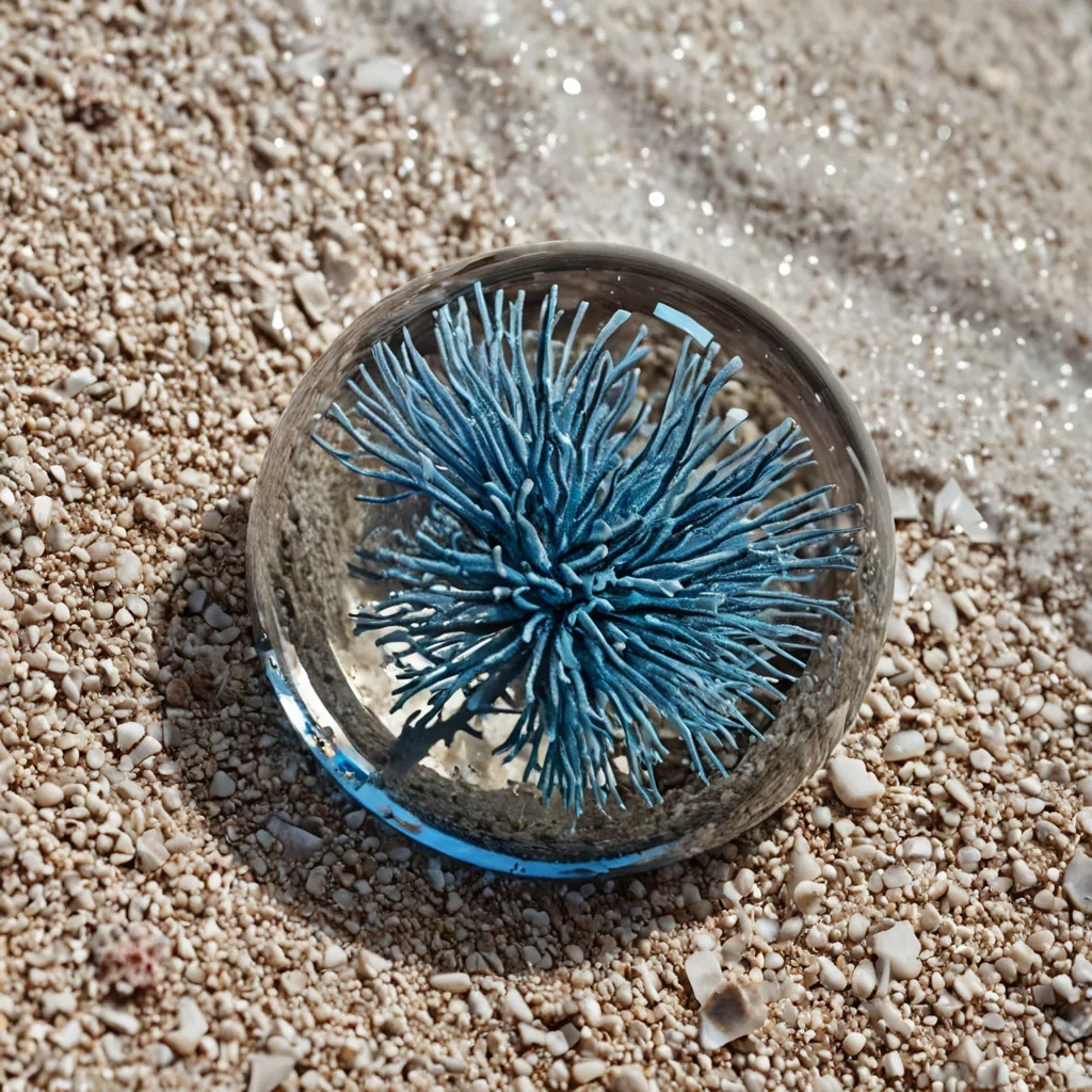A macro, extreme closeup photograph of a fragmented, shattered mirror resting on a bed of coarse, white quartz sand. The shards do not reflect the immediate surroundings but instead display distorted, highcontrast fragments of a vibrant, underwater coral reef in full bloom, with electric blue anemones and translucent sea fans visible in the reflections. Interspersed between the mirror fragments are delicate, intricate lace patterns made of dried, brittle sea urchin spines in shades of dusty rose and charcoal. A single, perfectly spherical drop of clear, viscous resin sits atop the largest shard, refracting the light to create a tiny, focused beam of warm, golden honeytoned light that illuminates the intricate texture of the spines and the grain