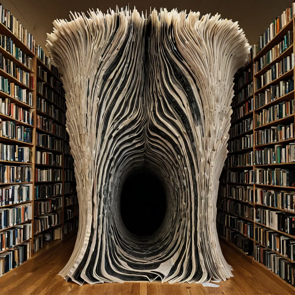 A single, selffragmenting wave of solidified static fractures through the center of a suspended, inverted library built from the petrified pages of books that never had titles, its crests not electromagnetic but woven from the thermal residue of a story told in reverse by a voice that never had a mouth. The wave does not propagateit collapses with each pulse, drawing the narrative weight of a thousand unwritten endings into its core, condensing into a dense, matteblack prism that hums with the subharmonic resonance of a sentence that never reached a period. The librarys shelves are not woodthey are hollowedout spines of fossilized silence, each volume etched with the chromatic afterimage of a plot that never unfolded,