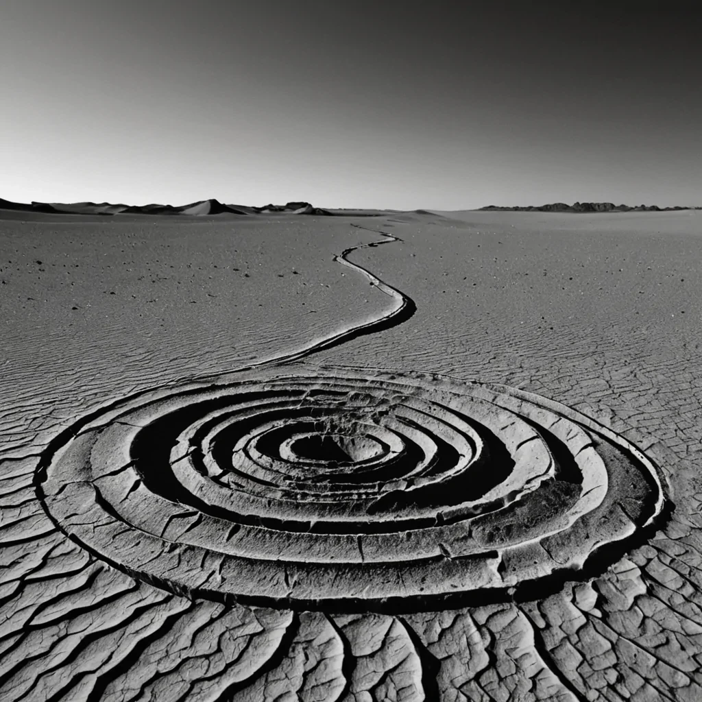 A single, selfsiphoning tendril of liquid shadow, shaped like a coiled, breathing helix of reversed time and unformed stillness, drifts through the center of a vast, inverted desert composed of the petrified silences of a civilization that communicated through the duration of synchronized, silent staring at the same unblinking horizon. The tendril does not darkenit unstares, each pulse dissolving a layer of gaze that never coalesced into a shared perception, reforming into ephemeral, obsidianthreaded afterimages shaped like the negative space between two pupils that never dilated in unison during the same moment of mutual absence. The desert is not aridit is a stratified expanse of compressed