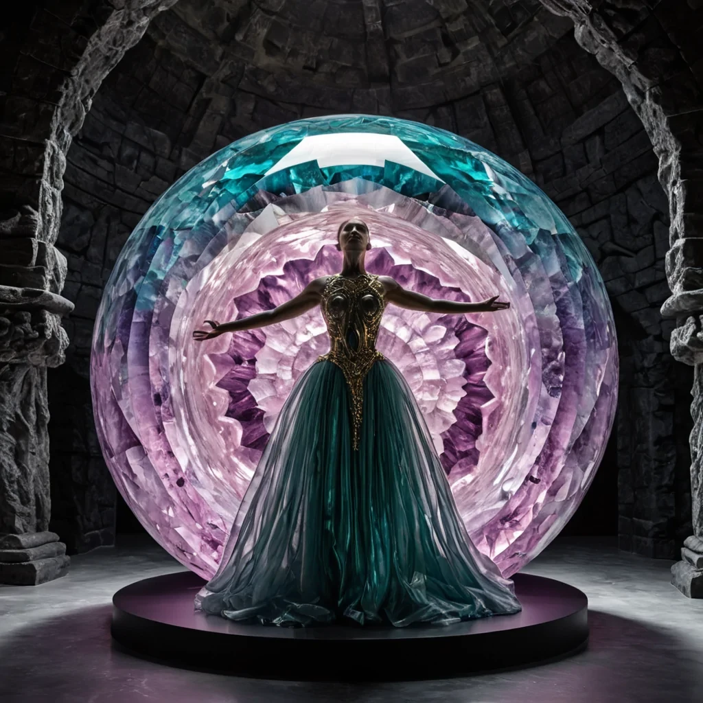 A horizontal, eyelevel medium shot of a colossal, openair amphitheater carved from the interior of a massive, translucent geode, where the walls shimmer with faceted amethyst and rose quartz crystals that refract the sunlight into a kaleidoscope of soft pink and purple hues. The central stage is a perfectly circular, polished surface of dark, matte graphite, upon which floats a intricate, threedimensional sculpture made entirely of interlocking, golden brass rings that rotate slowly around a central, hovering sphere of liquid silver. In the foreground, a figure wearing a flowing, asymmetrical gown constructed from layers of sheer, iridescent organza in shifting shades of teal and silver stands with arms outstretched, their hands manipulating the flow of tiny