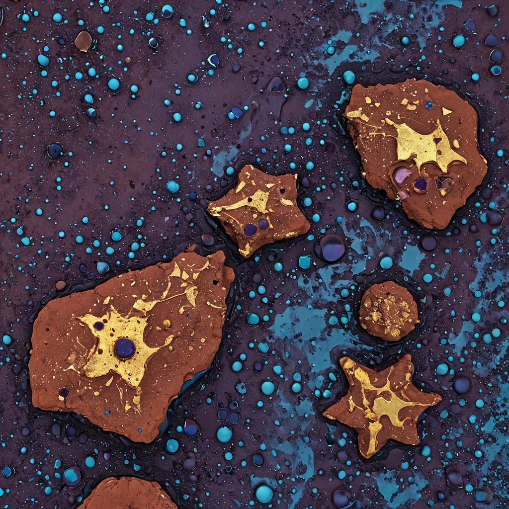 A highangle, topdown macro shot of a vast, flat expanse of liquid chrome spreading across a fractured slab of raw, porous red clay. The mercury surface is perfectly still and mirrorlike, reflecting a distorted, hyperdetailed image of a night sky filled with dense, geometric star clusters and swirling nebulae in shades of electric cyan and deep violet. Where the metal liquid meets the rough, craggy edges of the clay, fine, intricate filigree patterns of solidified gold leaf emerge, appearing as if they are being pressed into the wet earth. Scattered across the chrome surface are tiny, suspended spheres of trapped air, each containing a microscopic, rotating galaxy of golden dust. The lighting is soft and ambient, highlighting the