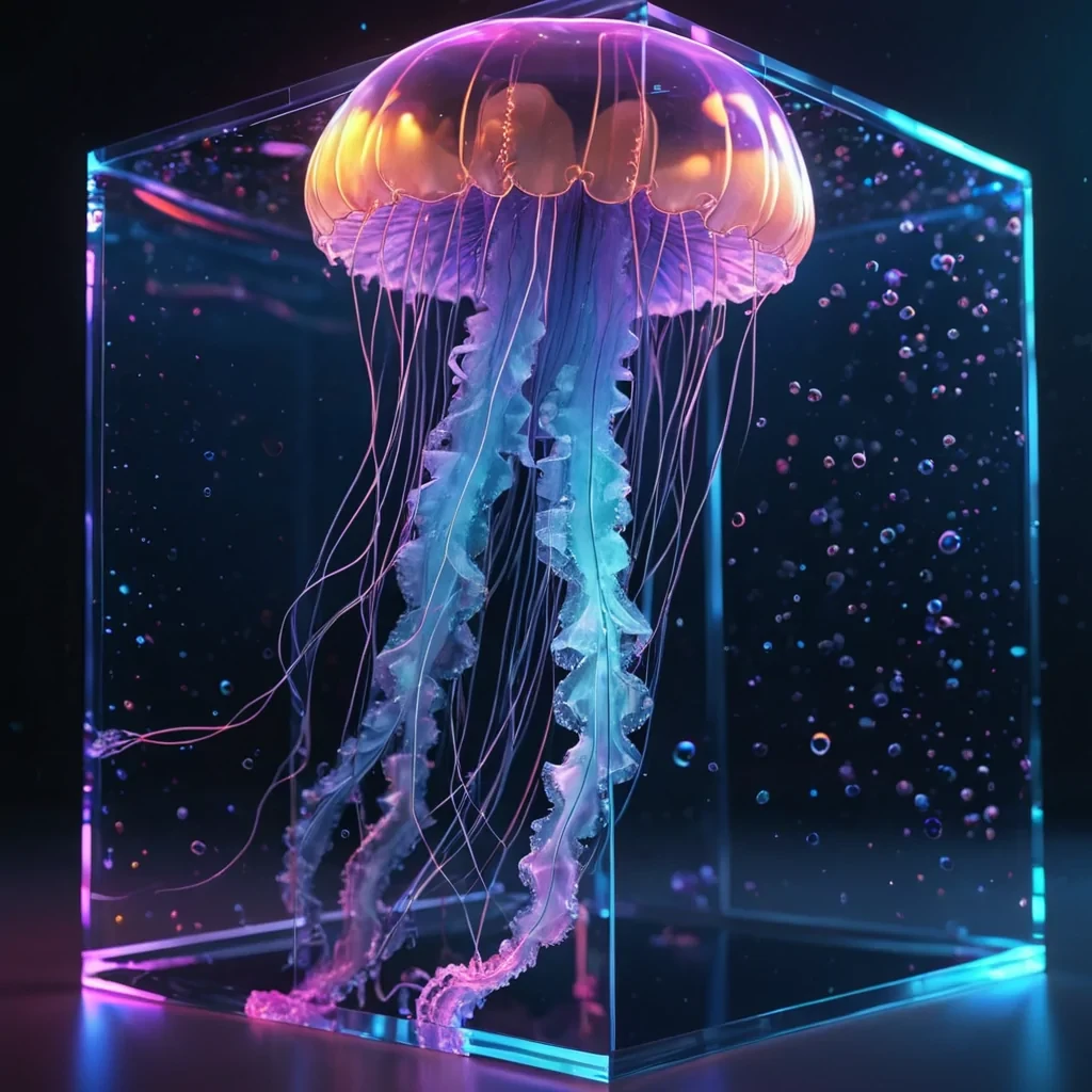 Hyperrealistic neon jellyfish with reflective metallic tendrils drifting in a cubic sapphire chamber filled with ethereal quantum mist, holographic bubbles floating in dynamic lighting, soft focus, vibrant colors, 4K