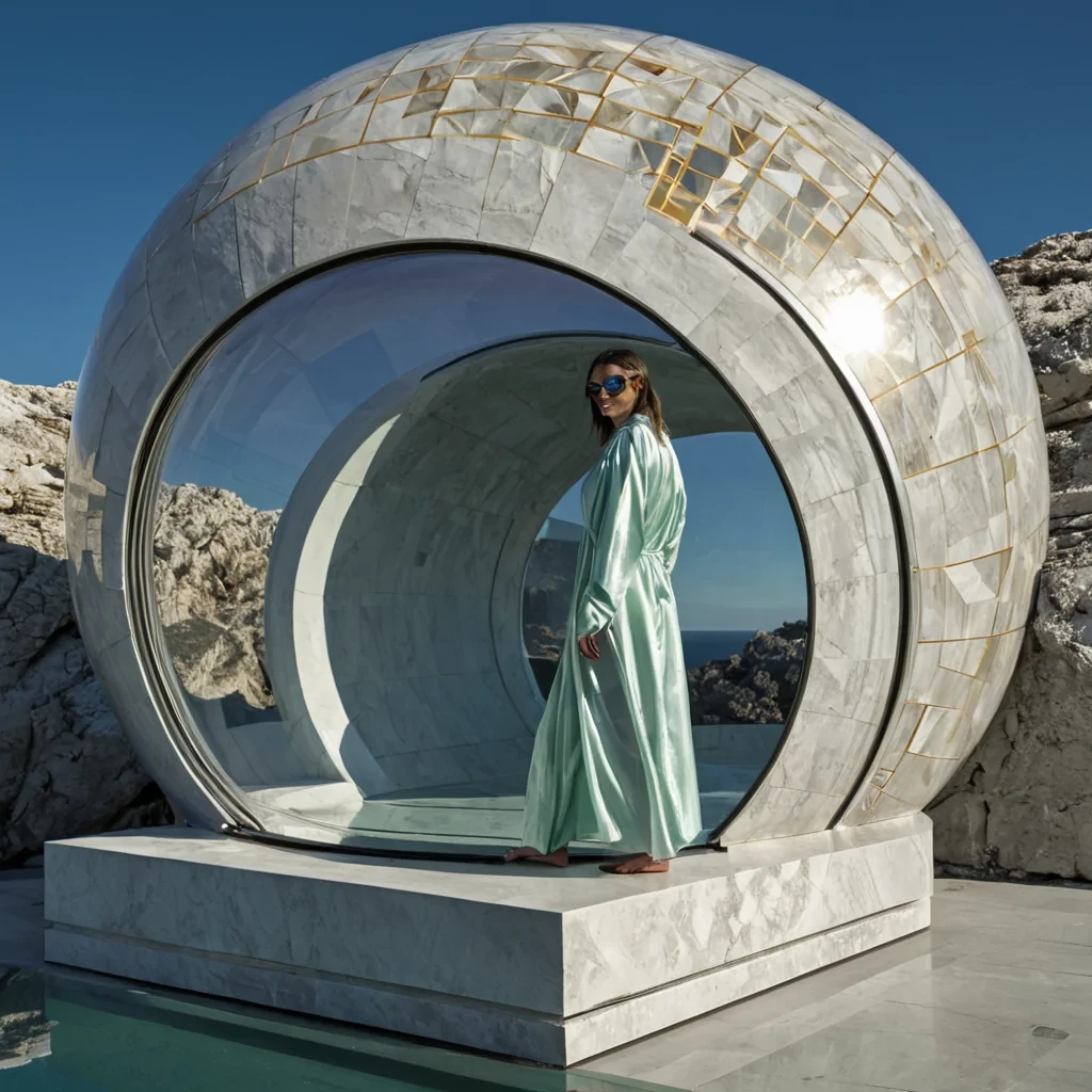 A horizontal, eyelevel medium shot of a solitary, ultraminimalist observatory constructed from seamless, matteblack carbon fiber, situated on the edge of a vast, jagged cliff of white limestone overlooking a calm, mirrorlike inland sea under a clear, deep azure sky. The structure features a single, massive aperture covered by a retractable dome made of translucent, frosted quartz that diffuses the sunlight into a soft, even glow. Inside the dark interior, a complex array of floating, levitating mirrors and lenses made of polished silver and gold refract the incoming light into intricate, geometric patterns on the floor. A figure wearing a long, flowing robe of iridescent silk in shades of pale lavender and mint green stands silhouet