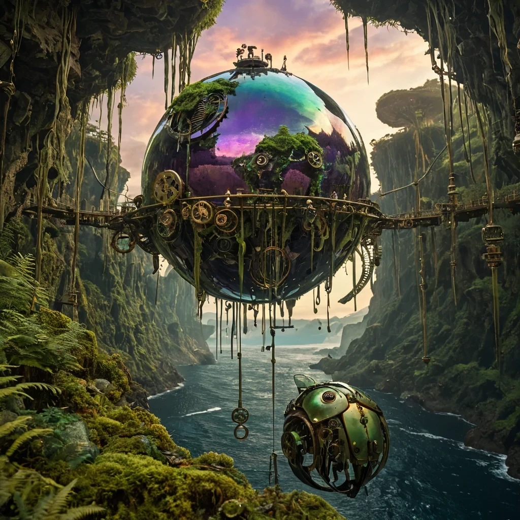 A horizontal, lowangle wide shot of a surreal, floating archipelago suspended within a vast, cloudfilled sky during the golden hour. The islands are not made of earth, but of massive, intricate clockwork mechanisms and brass gears, with verdant moss and small, vibrant ferns growing in the crevices of the metal. Waterfalls of liquid mercury cascade from the edges of these metallic islands, shattering into shimmering, reflective droplets that hang suspended in midair. In the foreground, a figure wearing a streamlined, aerodynamic suit made of iridescent beetle carapace plates in shades of iridescent green and purple stands on the edge of a geardriven platform, looking out towards a colossal, translucent sphere made of