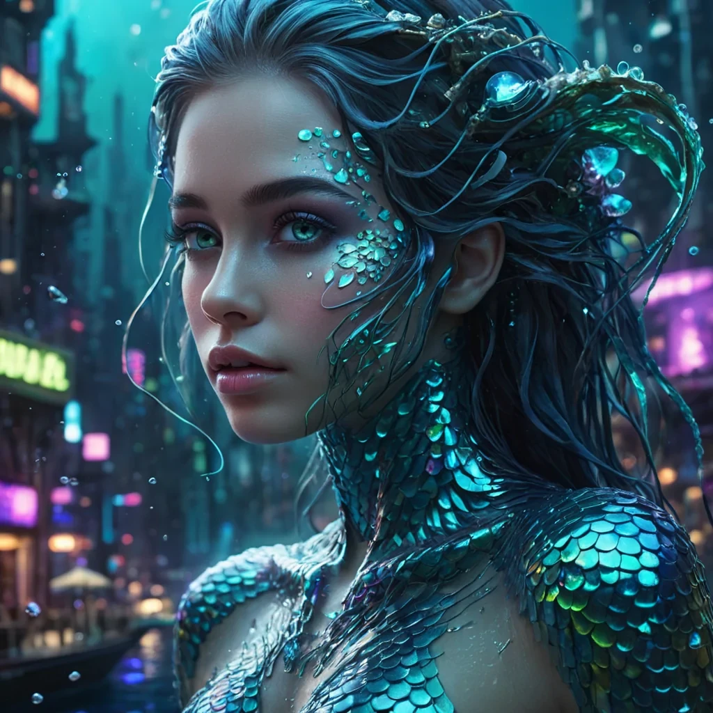 A hyperrealistic, 4K, ultra HD portrait of a cybernetic mermaid, her iridescent scales shimmering with the colors of a vibrant, neondrenched underwater city at night. The mermaids eyes, a deep, enigmatic sapphire, hold the secrets of a thousand digital depths. Her hair, a cascade of shimmering, holographic seaweed, gently pulses with each beat of her mechanical heart. The background is a surreal, hightech underwater metropolis filled with floating, crystal spires and the soft glow of bioluminescent algae. Cinematic lighting accentuates the mermaids otherworldly beauty, while a subtle bokeh effect blurs the neonlit ocean depths, creating an intimate