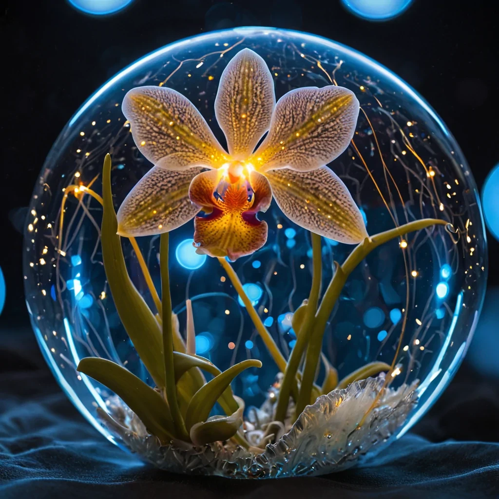 A vertical, closeup macro shot of a futuristic, bioluminescent orchid blooming inside a sealed, spherical habitat module made of frosted quartz, where the petals are composed of translucent, iridescent membranes that pulse with rhythmic, neonblue light waves. The center of the flower contains a complex, fractal arrangement of golden, metallic filaments that resemble neural networks, actively exchanging data packets visible as tiny, floating sparks of amber light. The background is a soft, outoffocus bokeh of a starfilled galaxy, viewed through the curved glass wall of the module, creating a striking contrast between the microscopic biological detail in the foreground and the vast, cosmic scale behind it. The lighting is crisp and scientific, with high