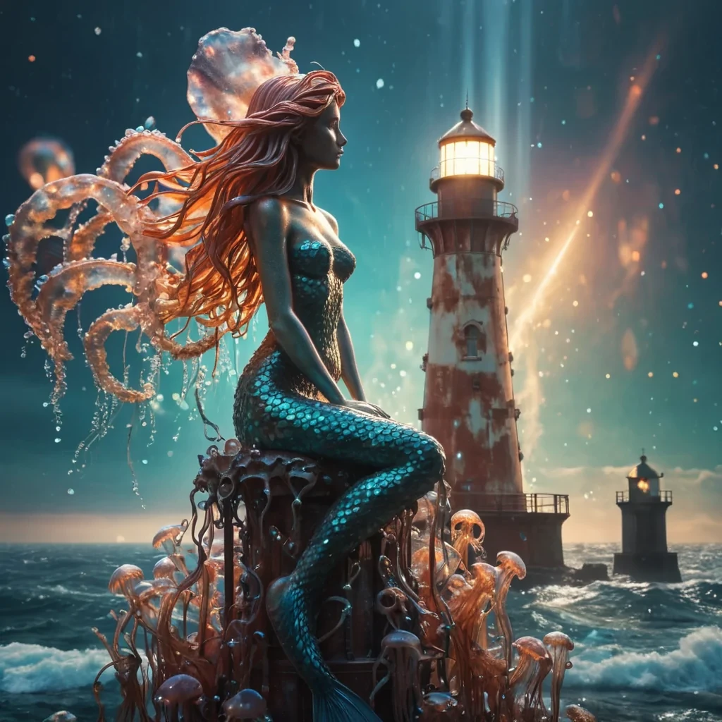 A lone, crystalline statue of a mermaid perched atop a towering, rusted lighthouse, surrounded by a swirling vortex of luminescent jellyfish, hyperrealistic, 4K, cinematic lighting, volumetric lighting, atmospheric effects, dynamic lighting, bokeh effect, soft focus, lens flare, vibrant colors, detailed textures.