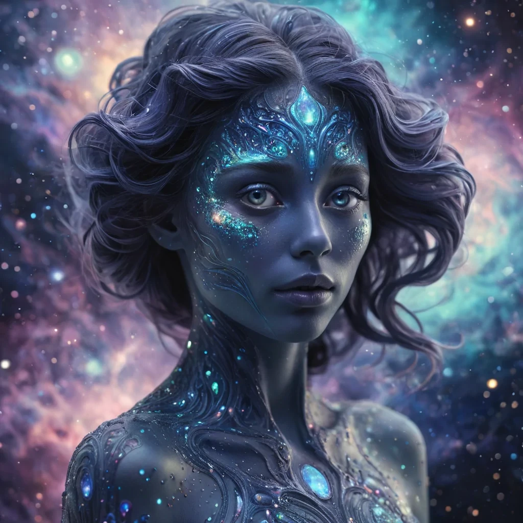A hyperrealistic, 4K, ultra HD portrait of a mysterious, ethereal being with iridescent skin that shimmers like liquid opal. The beings eyes, a deep, hypnotic indigo, seem to swirl with cosmic nebulae. Their hair, a cascade of bioluminescent fractals, gently pulses with an otherworldly glow. The background is a surreal, nebulalike landscape of swirling, pastel hues, with distant galaxies and planets casting a soft, ethereal glow. Cinematic lighting accentuates the beings otherworldly features, while a subtle bokeh effect blurs the cosmic backdrop, creating a dreamlike atmosphere.
