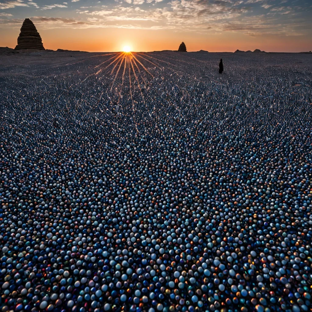 A horizontal, extreme wideangle shot of a surreal, desertlike landscape where the ground is composed of millions of tiny, perfectly spherical glass marbles in shades of deep indigo, burnt orange, and translucent white, creating a rippling, reflective texture that mirrors the sky. Rising from this sea of marbles are colossal, monolithic structures resembling ancient, weathered totems carved from smooth, matte white marble, each adorned with intricate, geometric cutouts that allow the vibrant, gradient sunset skyblending hues of magenta, teal, and goldto shine through in sharp, linear beams. In the immediate foreground, a single, delicate figure wearing a flowing, iridescent silk robe made of shifting holographic fabric walks across the glass surface