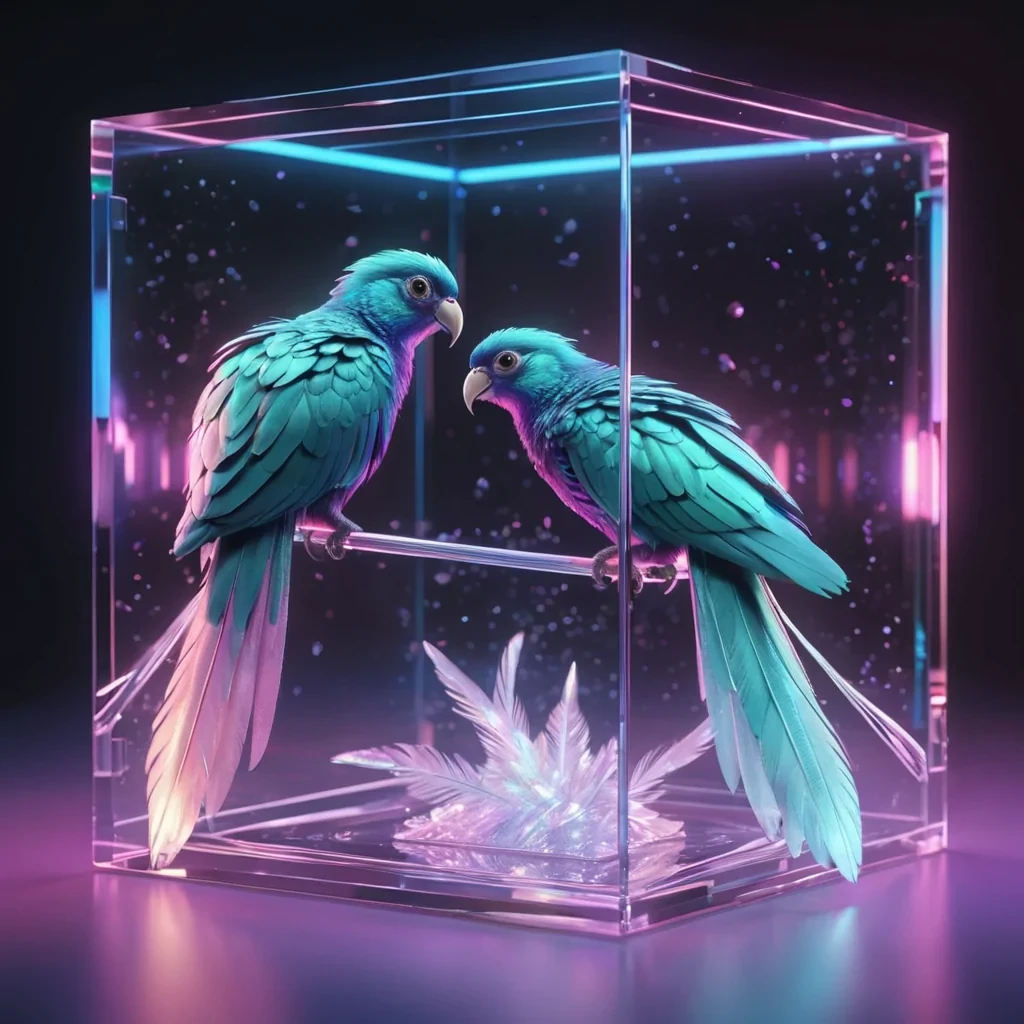 Hyperrealistic neon quetzals with reflective metallic feathers gliding in a cubic topaz chamber filled with iridescent quantum mist, holographic filaments weaving in dynamic lighting, soft focus, pastel tones, 4K