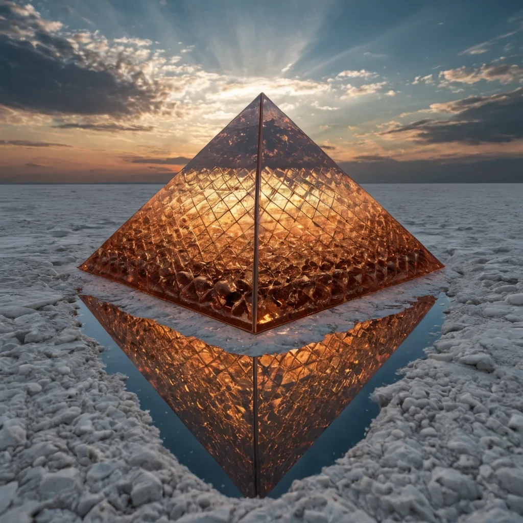 A wideangle, photorealistic shot of a vast, flat expanse of liquid silver mercury forming a perfectly still, mirrorlike surface, reflecting a surreal sky filled with concentric rings of iridescent, soapbubble film instead of clouds. In the center, a single, colossal, inverted pyramid made of polished, white marble rises from the liquid, its base submerged and its apex pointing downward, piercing the surface. The pyramid is encrusted with delicate, intricate lacelike patterns of oxidized copper wire that glow with a faint, warm amber light from within. Suspended just above the liquid surface, surrounding the pyramid, are dozens of small, perfect spheres of solidified, clear glass, each containing a frozen, swirling nebula of