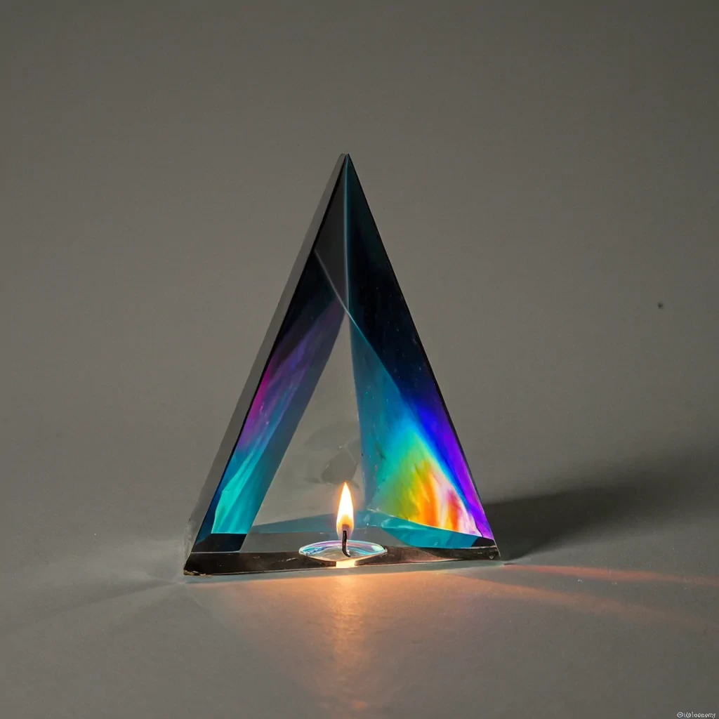 A single, selfreflecting shard of reversed light, shaped like a 23,817dimensional prism of unformed spectrum and inverted luminescence, hovers at the center of a vast, inverted mirror of solidified darkness. Each facet is forged from the exact moment between a flame igniting and its refusal to burn, a star flaring in the void and dissolving into nonradiance, a candle being lit in a room and collapsing into pure, unmeasured nonillumination. The prism does not refract lightit unrefracts it, each shimmering edge shedding a layer of photonic potential that never coalesced into color, warmth, or the weight of being seen. As it rotates forward through
