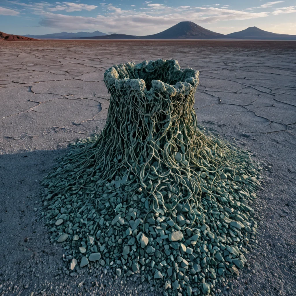 A hyperdetailed, cinematic wide shot of a desolate, infinite salt flat that is not white, but a deep, saturated indigo, composed of millions of tiny, sharp crystalline shards that reflect a sky filled with three distinct, pale moons. In the center of the frame, a massive, ancient monolith made of raw, porous volcanic basalt rises from the salt, its surface weathered and textured with deep fissures. Emerging from the highest crack in the monolith is a sprawling, intricate nest of thick, braided copper wires, oxidized to a vibrant verdigris green, which twist and coil outward like vines. Draped over these copper structures are delicate, translucent petals of synthetic silk in soft, pastel shades of peach