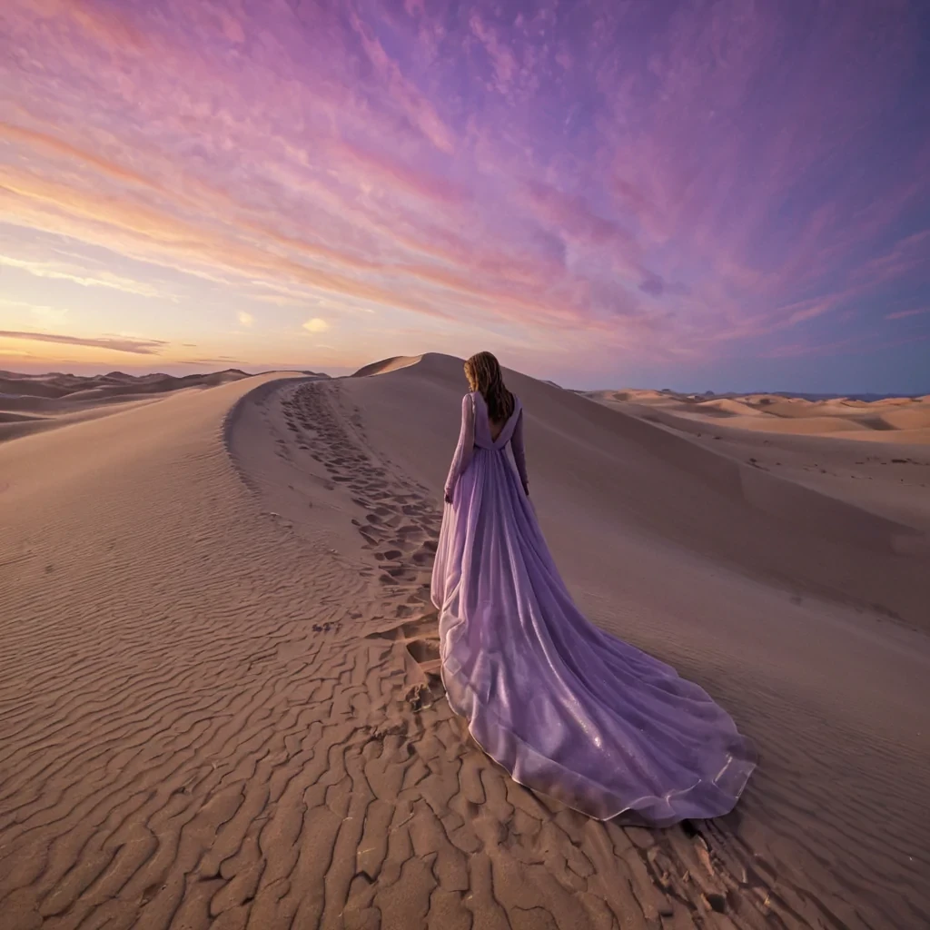 A wideangle, photorealistic shot of a vast, desert landscape composed entirely of smooth, undulating dunes of iridescent, crushed motherofpearl sand, shimmering in hues of soft pink, lavender, and pearlescent white under a twilight sky. Rising from the center of the dunes is a colossal, spiraling staircase made of frosted glass and brushed steel, twisting upward into the clouds without a visible base or top, its steps illuminated by warm, amber recessed lighting. In the foreground, a lone figure wearing a flowing, translucent gown made of shifting holographic fabric stands on a low dune, their silhouette backlit by the fading orange glow of the horizon. The air is still, with fine particles