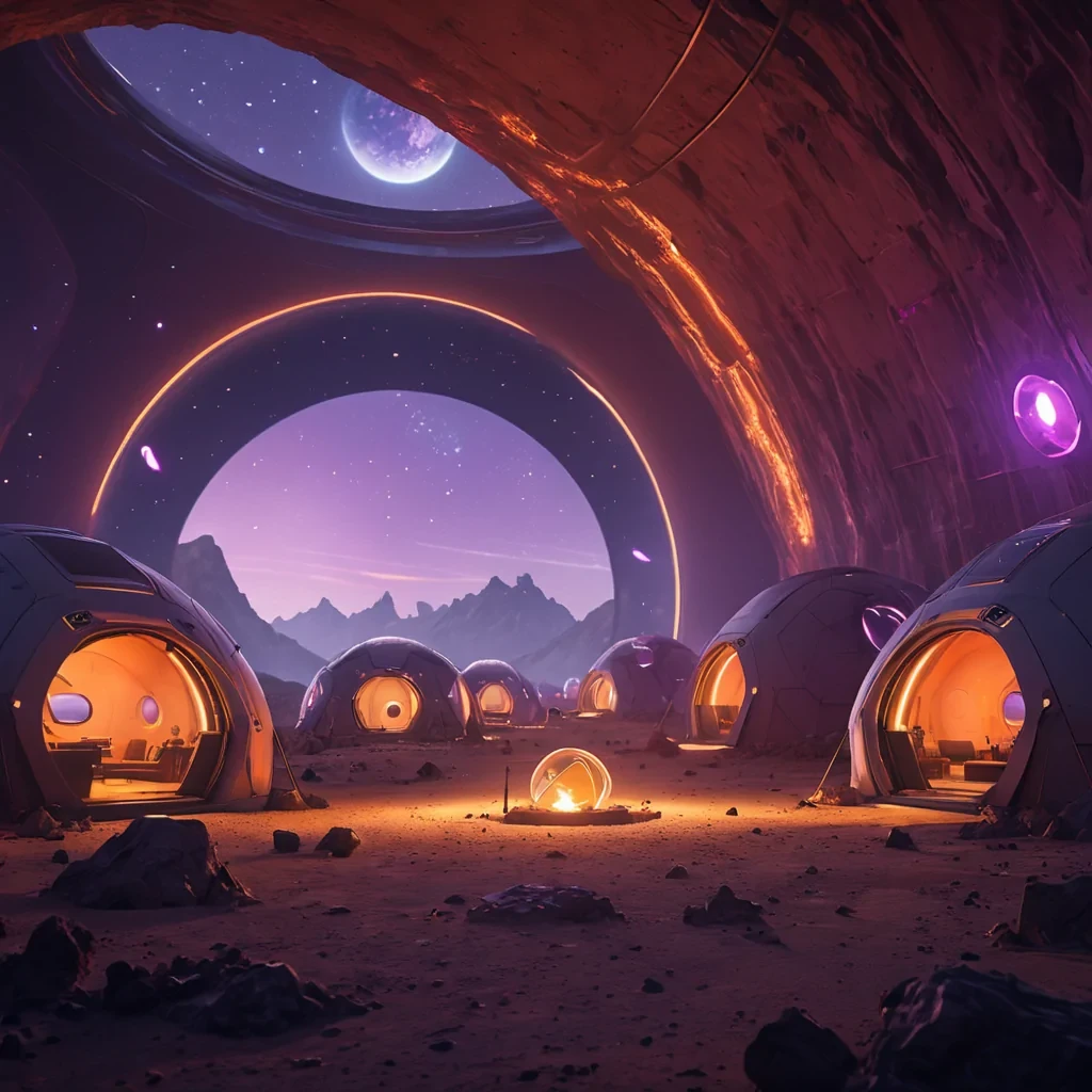 A futuristic nomad camp on a distant exoplanet, with luminescent, domeshaped dwellings interconnected by glowing tunnels, hyperrealistic, 8K, cinematic lighting, volumetric lighting, atmospheric effects, dynamic lighting, bokeh effect, soft focus, lens flare, muted oranges and deep purples, detailed textures.