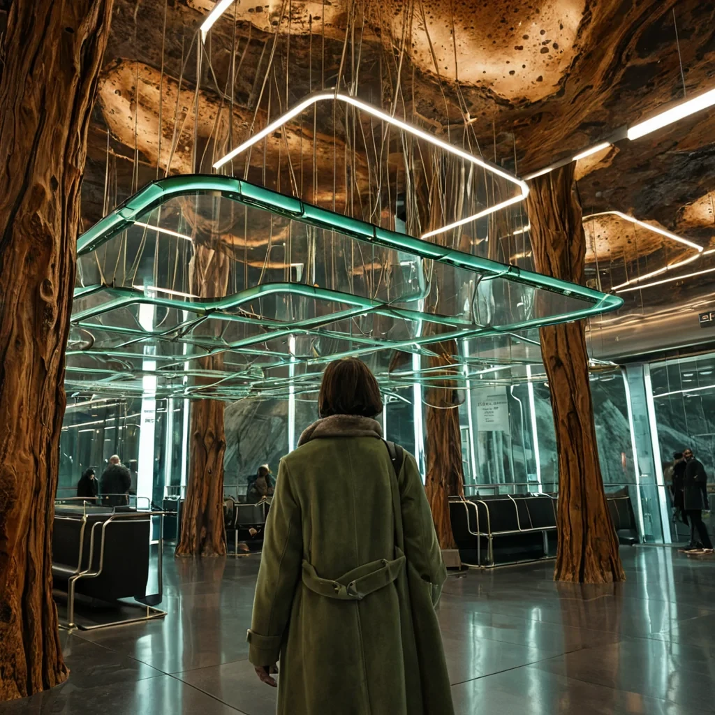 A vertical, eyelevel medium shot of a silent, hypermodern transit hub situated within the hollowedout trunk of a colossal, ancient petrified tree trunk, where the interior bark has been smoothed into warm, amberhued resin walls. The floor is a seamless, reflective surface of polished black marble, mirroring the intricate lattice of glowing, coppercolored suspension cables that crisscross the ceiling. Suspended from these cables are numerous ovalshaped passenger pods made of frosted glass and brushed brass, hovering in midair without visible tracks. In the foreground, a commuter wearing a structured, highfashion coat in muted sage green with geometric, metallic lapel pins stands calmly, holding a translucent, holographic ticket that projects a soft, cyan map
