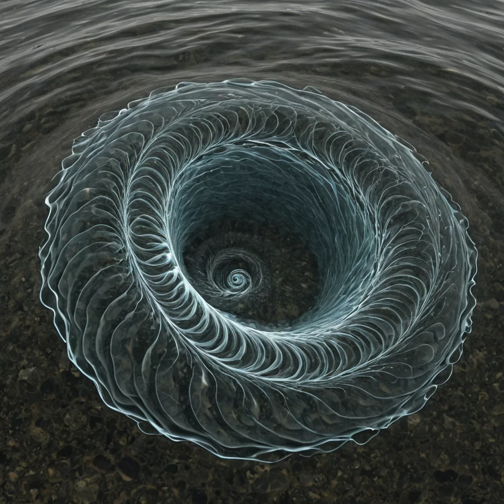 A single, selfilluminating fractal of reversed gravity, shaped like a 12,847dimensional spiral of unformed weightlessness and inverted descent, rotates at the center of a vast, inverted ocean of solidified buoyancy  each wave carved from the exact moment between a stone skipping across water and its refusal to sink, a leaf drifting on a current and dissolving into nonhydrodynamic stillness, a breath exhaled into the surface and collapsing into pure, unmeasured nondisplacement. The fractal does not displace mass  it undisplaces it, each spiraling filament shedding a layer of potential density that never coalesced into measurable sinking, reforming into ephemeral, lapislaced