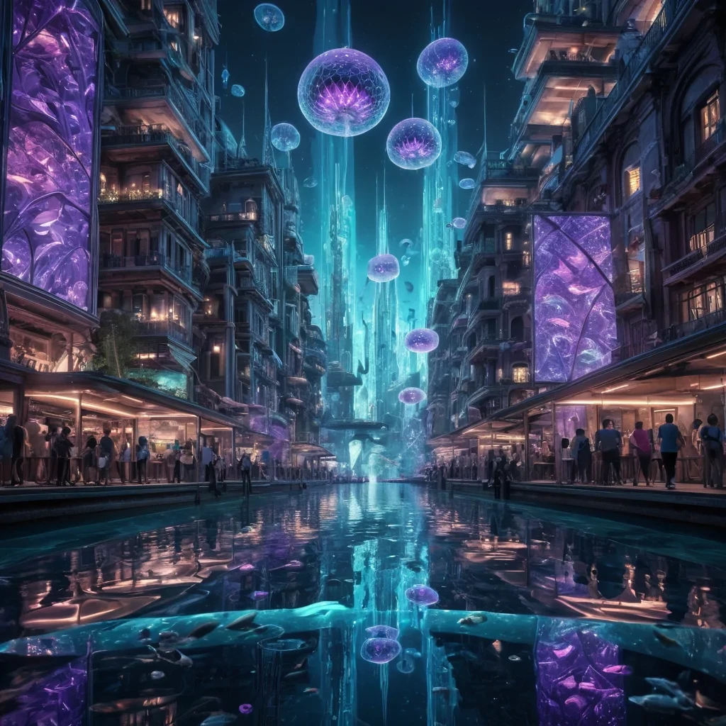 A hyperrealistic, 4K, ultra HD depiction of a vibrant, neonlit underwater city in the year 2150. The citys towering, crystalline spires and geometric structures shimmer in a kaleidoscope of electric blues and purples, etched with intricate, fractal patterns. Volumetric lighting from the pulsating, bioluminescent marine life casts a mesmerizing glow on the bustling crowd of diverse, aquaticallyadapted citizens. Photorealistic, zerogravity schools of exotic fish drift in a surreal ballet above the luminescent, subaqueous canals. In the heart of the city, a towering, crystalline formation resembling an ancient, oceanic deity stands watch,