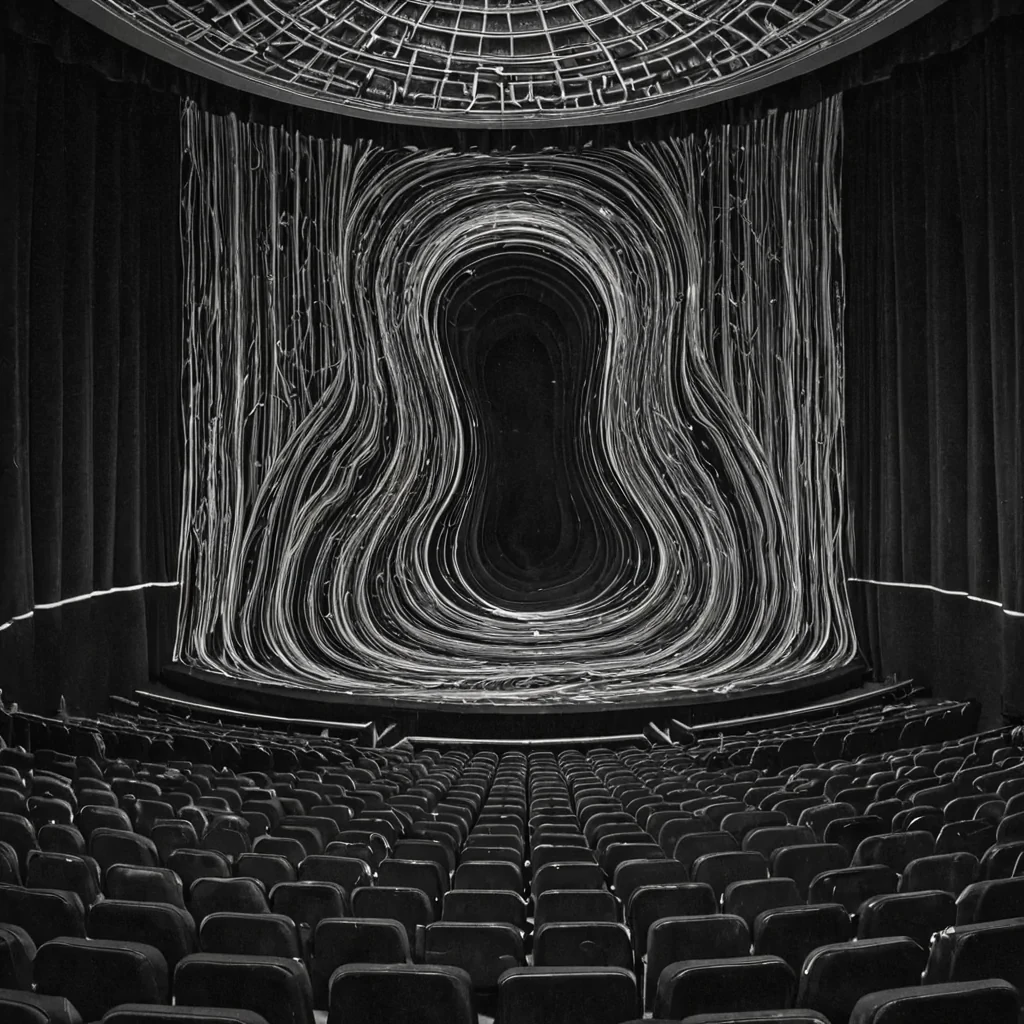 A single, selfdissolving lattice of solidified laughter, shaped like a fractal, nonlinear cascade of reversed sonic resonance, pulses at the center of a vast, inverted theater suspended in the emotional limbo between two unperformed tragedies. The lattice does not reverberateit unlaughs, each ripple unraveling a layer of joy that never coalesced into a shared moment of mirth, reforming into ephemeral, goldveined echoes shaped like the negative space between two mouths that never curved in the same instant of mutual release. The theater is not performativeit is a layered expanse of petrified euphoria, each seat etched with the vibrational residue of a joke that was almost told, its curtains