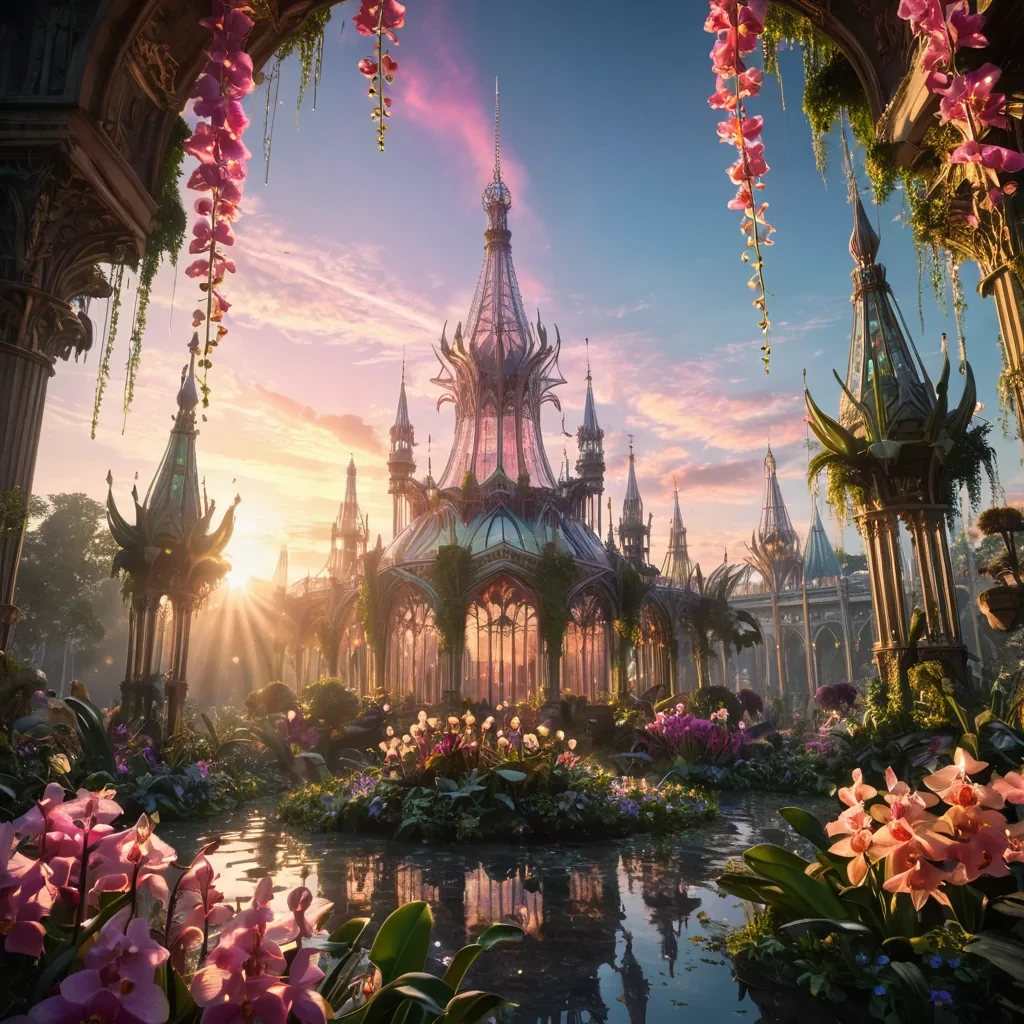 A colossal, crystal palace suspended in the sky, its spires glistening under the light of a triple sunset, while gravitydefying gardens of floating, luminescent orchids cascade down its sides, hyperrealistic, ultra HD, cinematic lighting, volumetric lighting, atmospheric effects, lens flare, vibrant colors, detailed textures.