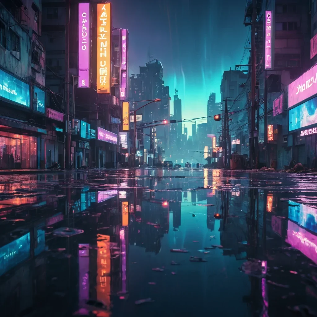 An abandoned, neonlit, cyberpunk cityscape at dusk, reflected in the glassy surface of a flooded street, with a lone, holographic billboard flickering in the distance. Ultra HD, dynamic volumetric lighting, atmospheric lens flare, vibrant cyberpunk colors.