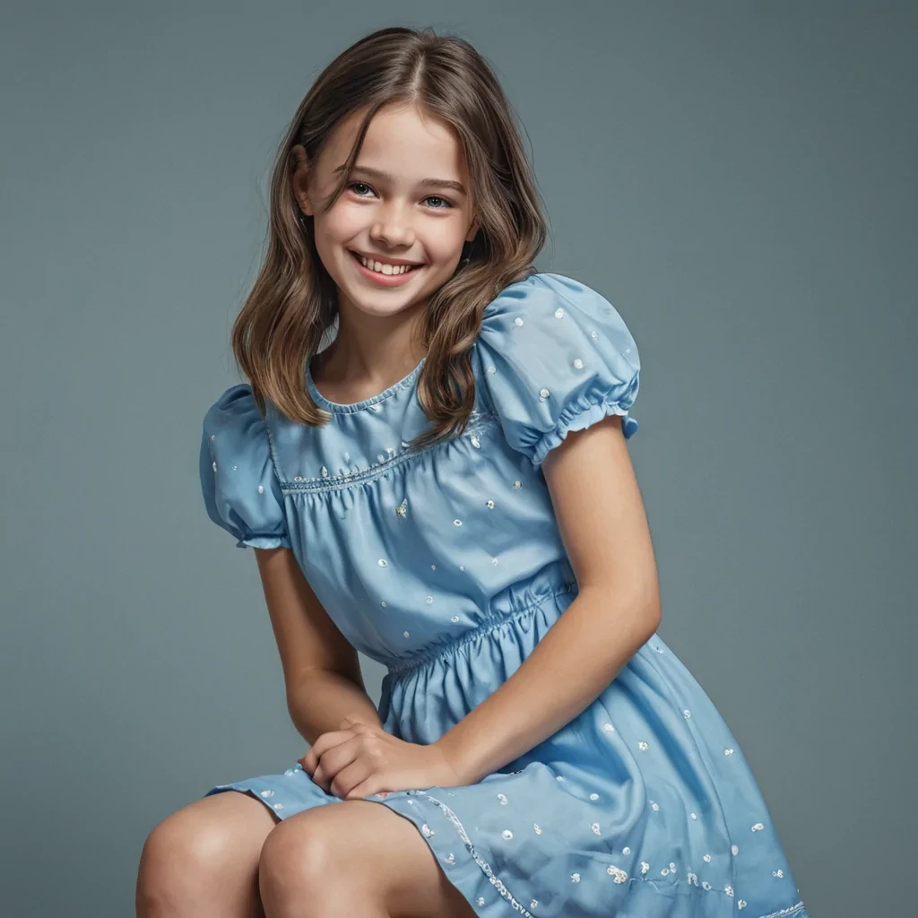 young smiling girl wearing blue cute dress