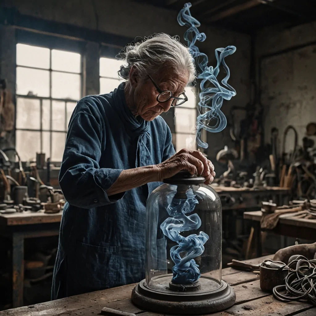A hyperrealistic, eyelevel medium shot capturing a moment of intense, quiet concentration in a dimly lit, industrial workshop. The central subject is an elderly artisan with weathered, inkstained hands delicately manipulating a complex, threedimensional knot made of hundreds of thin, translucent strands of frozen, deep indigo smoke. The smoke is suspended in a glass bell jar, defying physics, forming an intricate, floating sculpture that twists and curls with organic fluidity. The artisan wears a simple, highcollared tunic of rough, undyed linen and a pair of oversized, round spectacles with thick, tortoiseshell frames. The background is a blur of warm, tungsten light reflecting off a cluttered workbench filled with